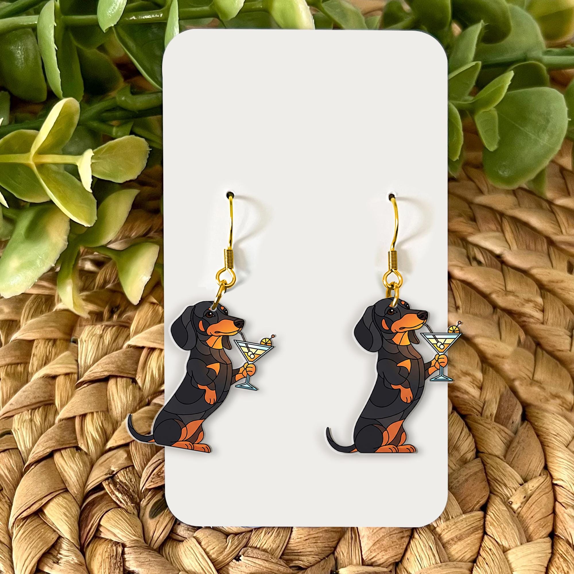 Dachshund Dog Earrings with Martini – Funny Dangle Earrings for Dog Lovers – Cute Wiener Dog Jewelry Gift for Her