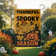 Thankful for Spooky Season Garden Flag – Halloween Pumpkin Yard Decor – Fall Scarecrow Porch Banner – Rustic Autumn Outdoor Sign
