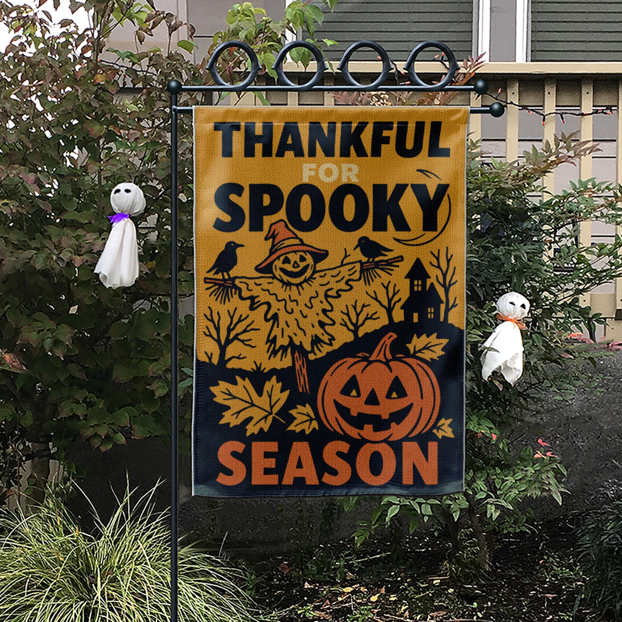 Thankful for Spooky Season Garden Flag – Halloween Pumpkin Yard Decor – Fall Scarecrow Porch Banner – Rustic Autumn Outdoor Sign