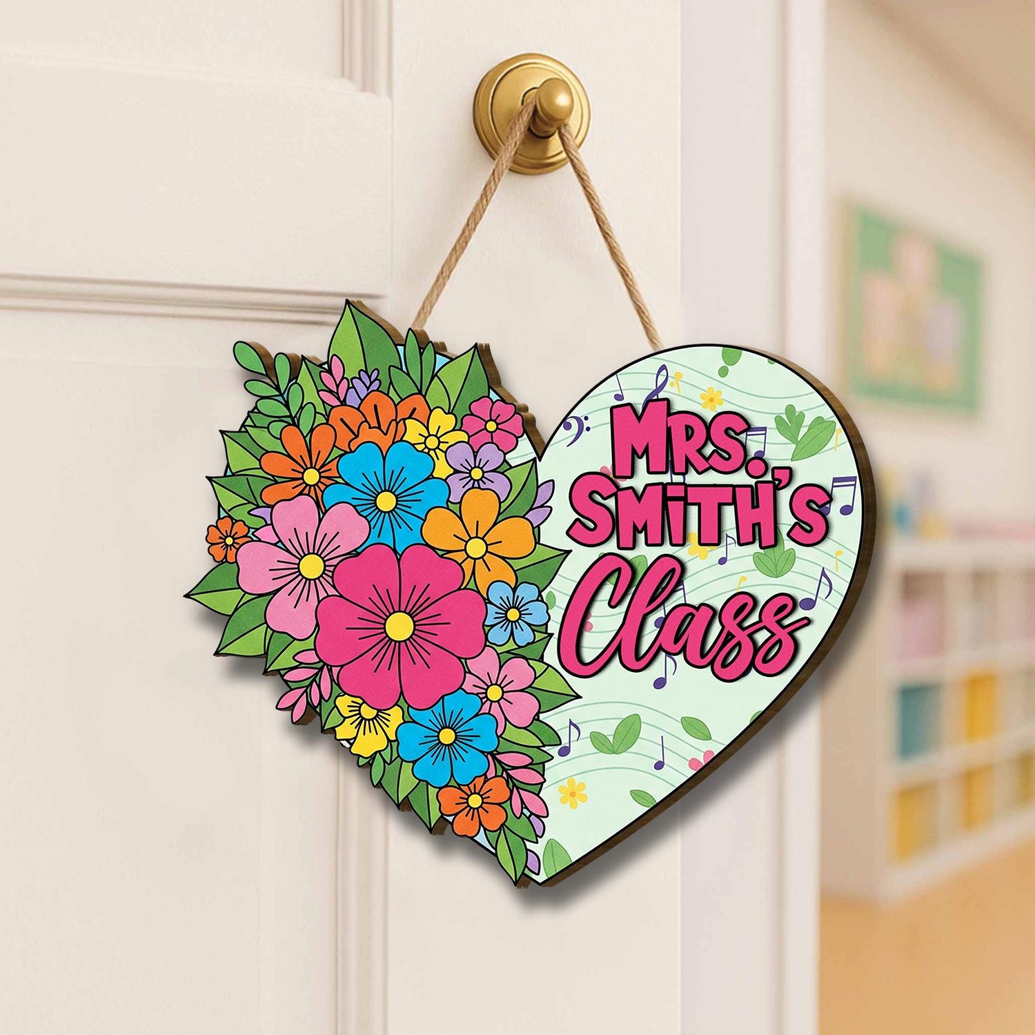 Custome Class Sign, Heart Shaped Floral Door Hanger, Personalized Teacher Decor, Classroom Wall Sign, Back to School Gift, Personalized Sign