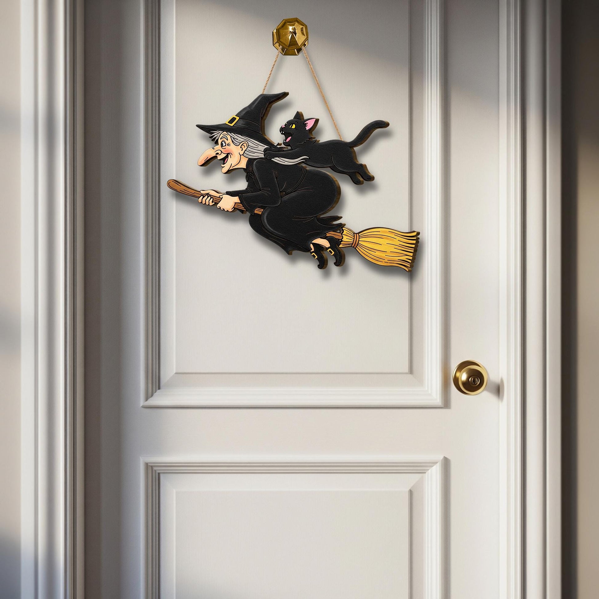Flying Witch and Cat Door Hanger, Halloween Wooden Witch Wall Sign, Spooky Fall Front Door Decor, Witch Broom Porch Plaque