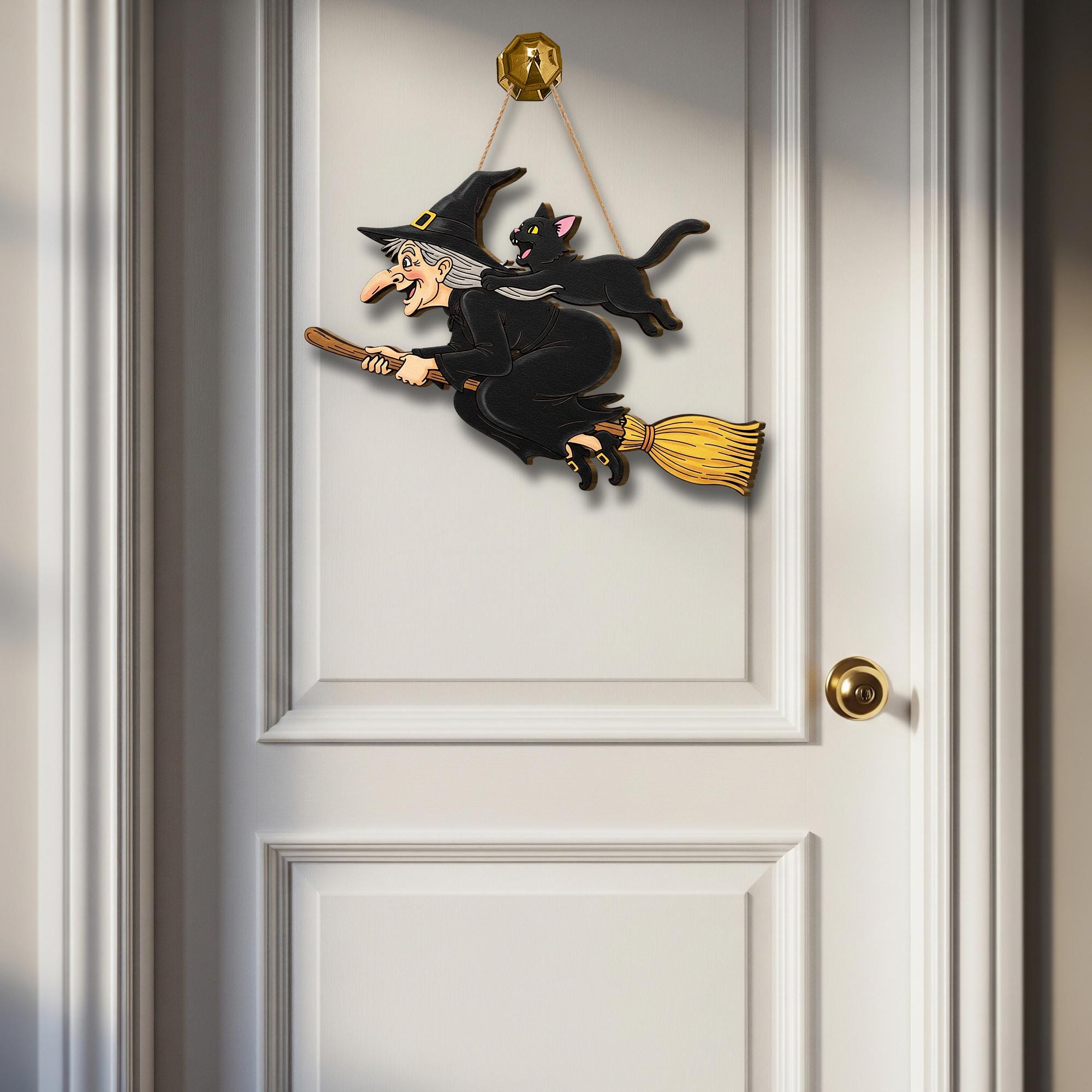 Flying Witch and Cat Door Hanger, Halloween Wooden Witch Wall Sign, Spooky Fall Front Door Decor, Witch Broom Porch Plaque