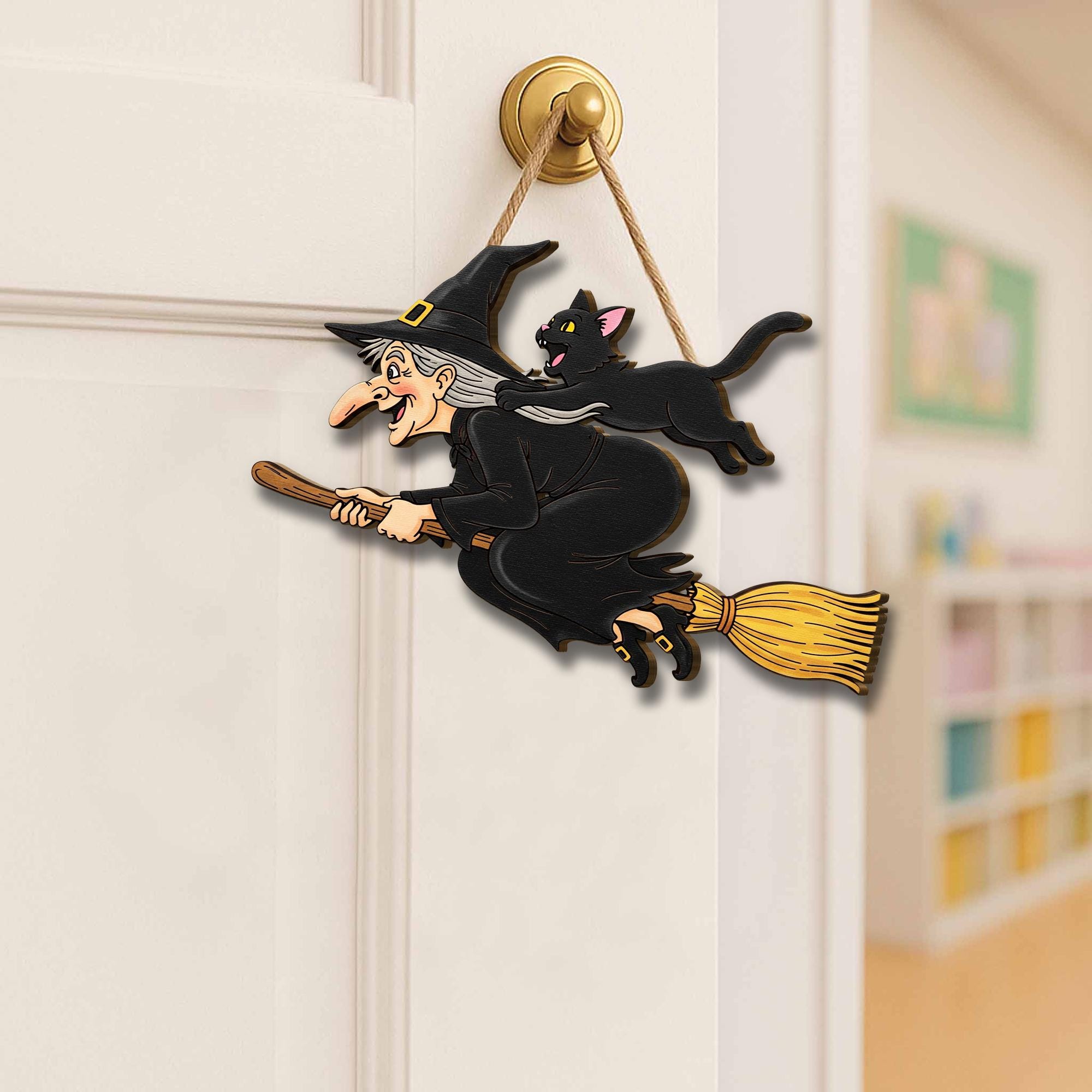 Flying Witch and Cat Door Hanger, Halloween Wooden Witch Wall Sign, Spooky Fall Front Door Decor, Witch Broom Porch Plaque