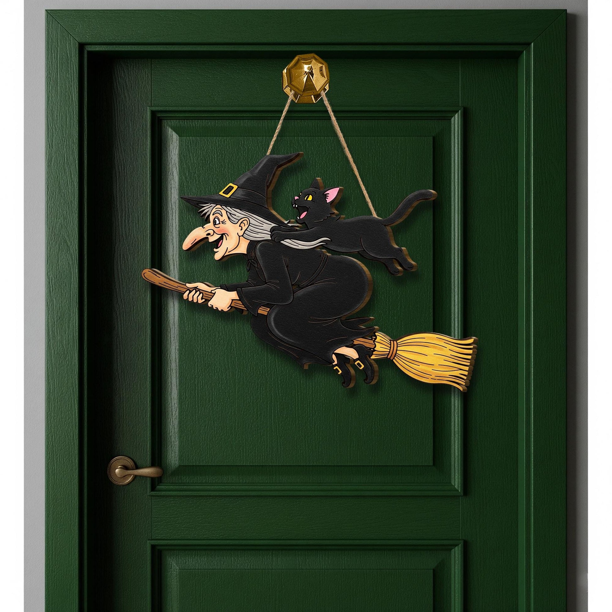 Flying Witch and Cat Door Hanger, Halloween Wooden Witch Wall Sign, Spooky Fall Front Door Decor, Witch Broom Porch Plaque