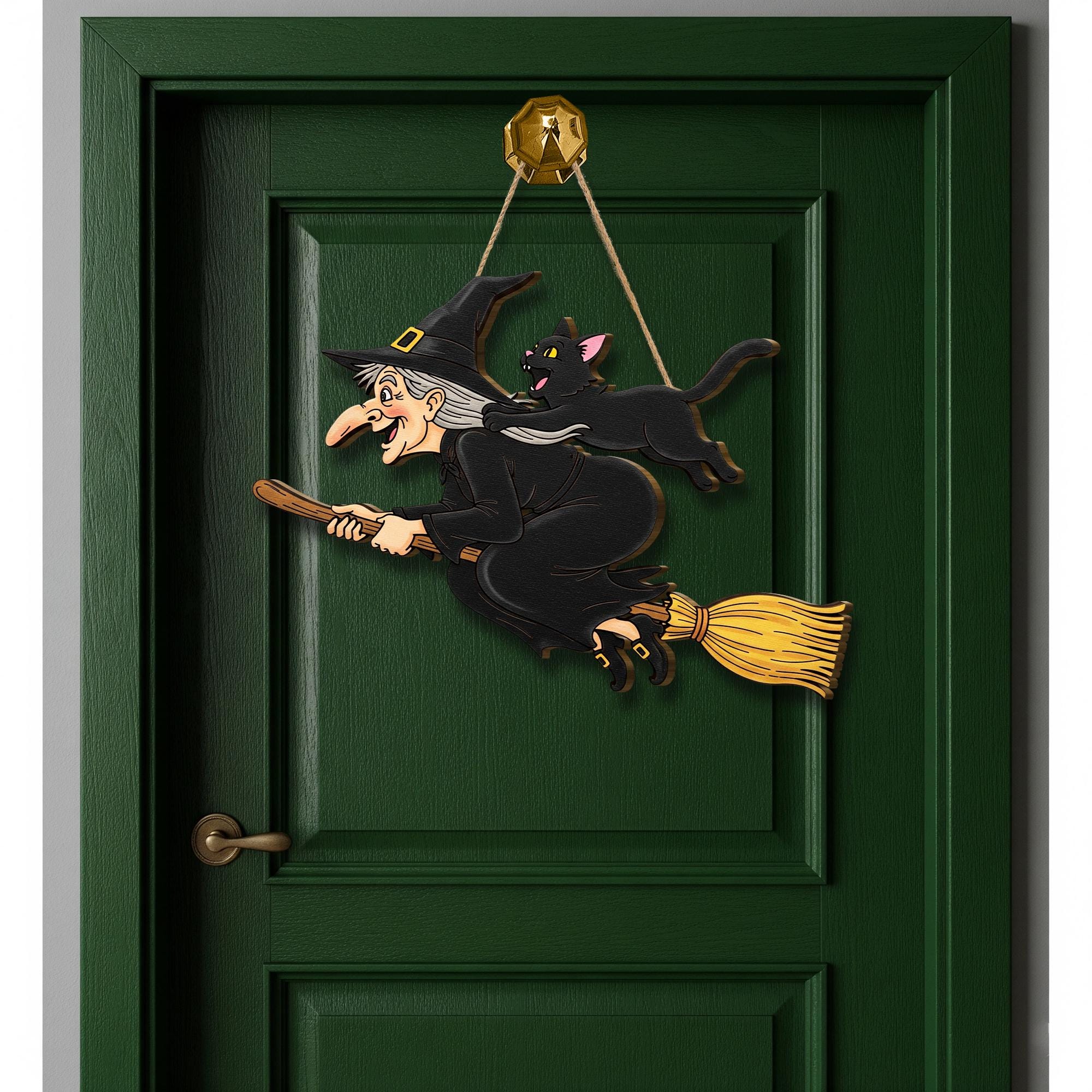 Flying Witch and Cat Door Hanger, Halloween Wooden Witch Wall Sign, Spooky Fall Front Door Decor, Witch Broom Porch Plaque