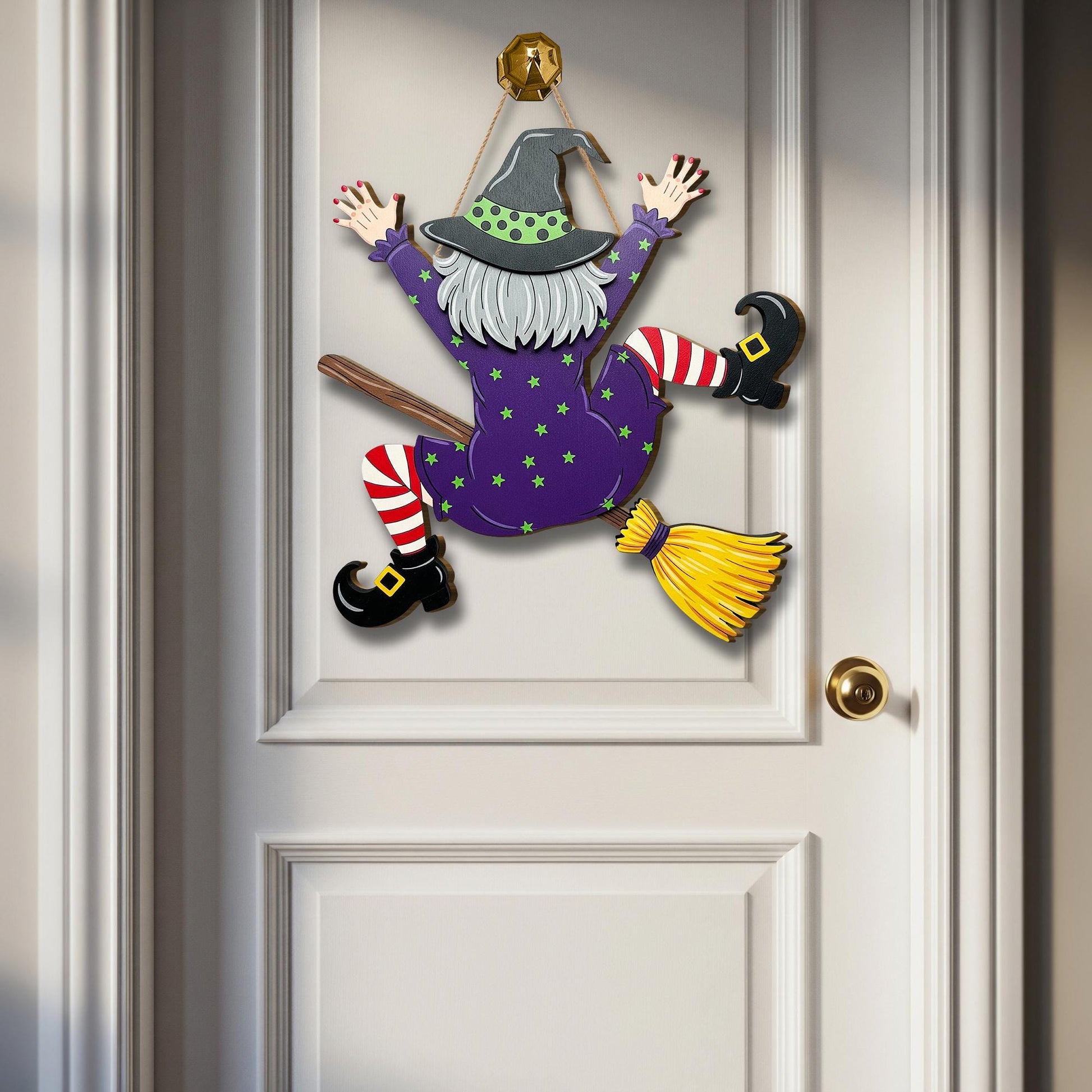 Crashing Witch Door Hanger, Funny Halloween Witch Wall Sign, Purple Flying Witch Porch Decor, Fall Broomstick Front Door Plaque