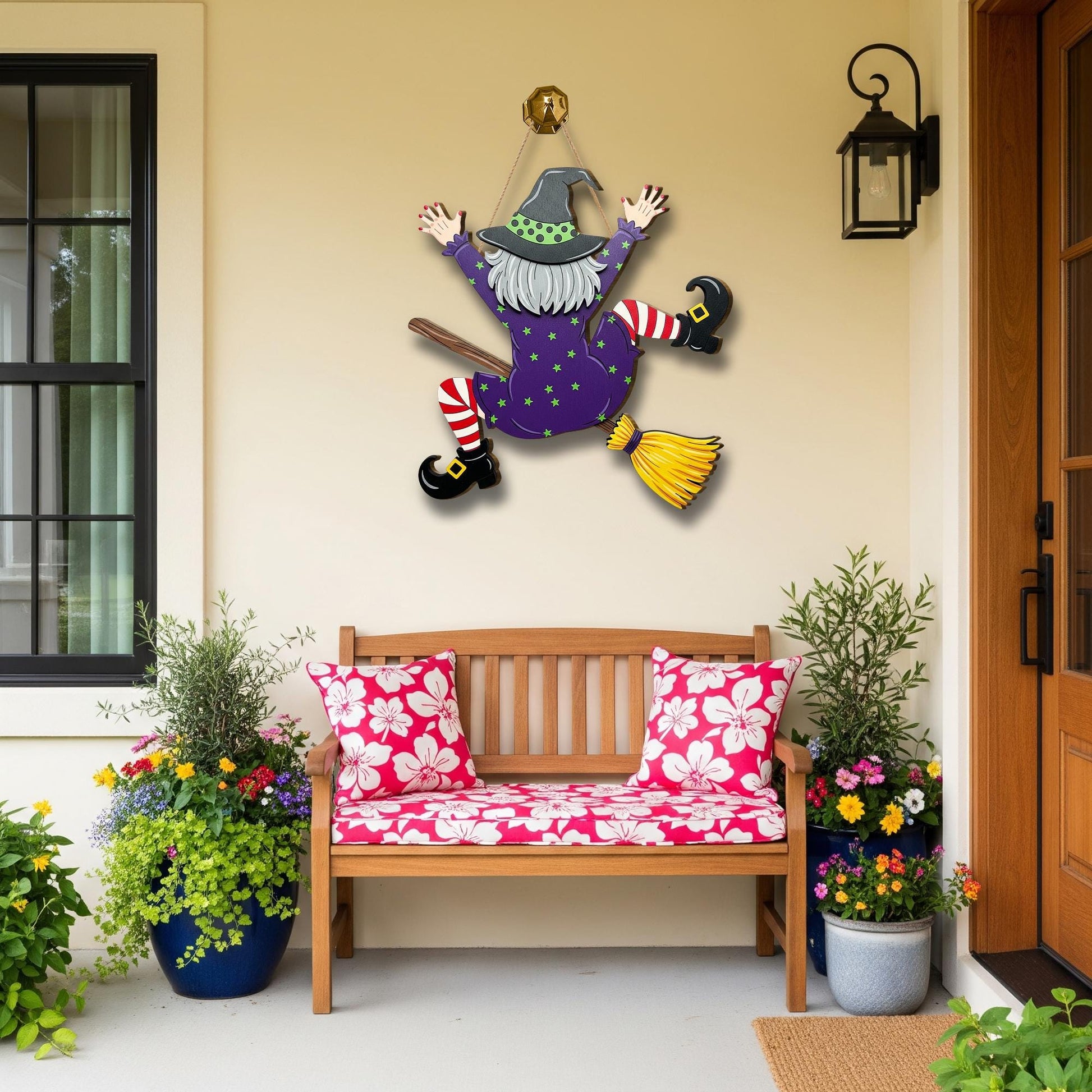 Crashing Witch Door Hanger, Funny Halloween Witch Wall Sign, Purple Flying Witch Porch Decor, Fall Broomstick Front Door Plaque