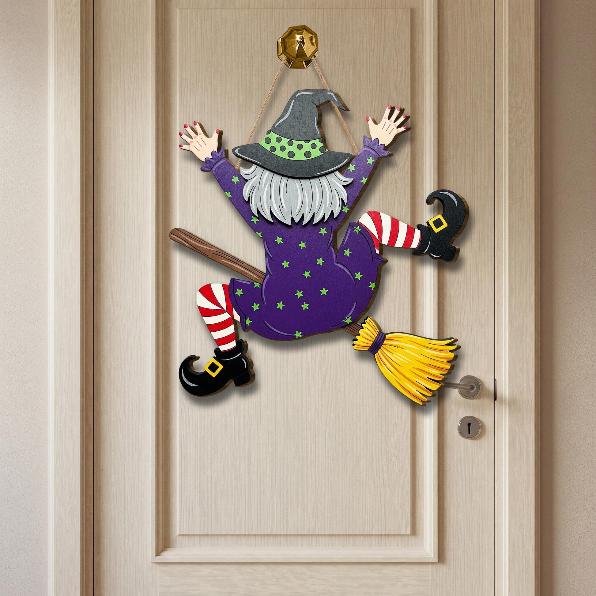 Crashing Witch Door Hanger, Funny Halloween Witch Wall Sign, Purple Flying Witch Porch Decor, Fall Broomstick Front Door Plaque