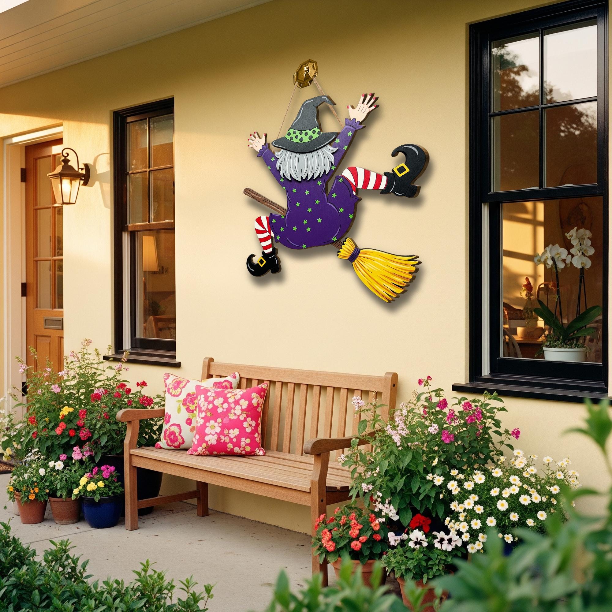 Crashing Witch Door Hanger, Funny Halloween Witch Wall Sign, Purple Flying Witch Porch Decor, Fall Broomstick Front Door Plaque