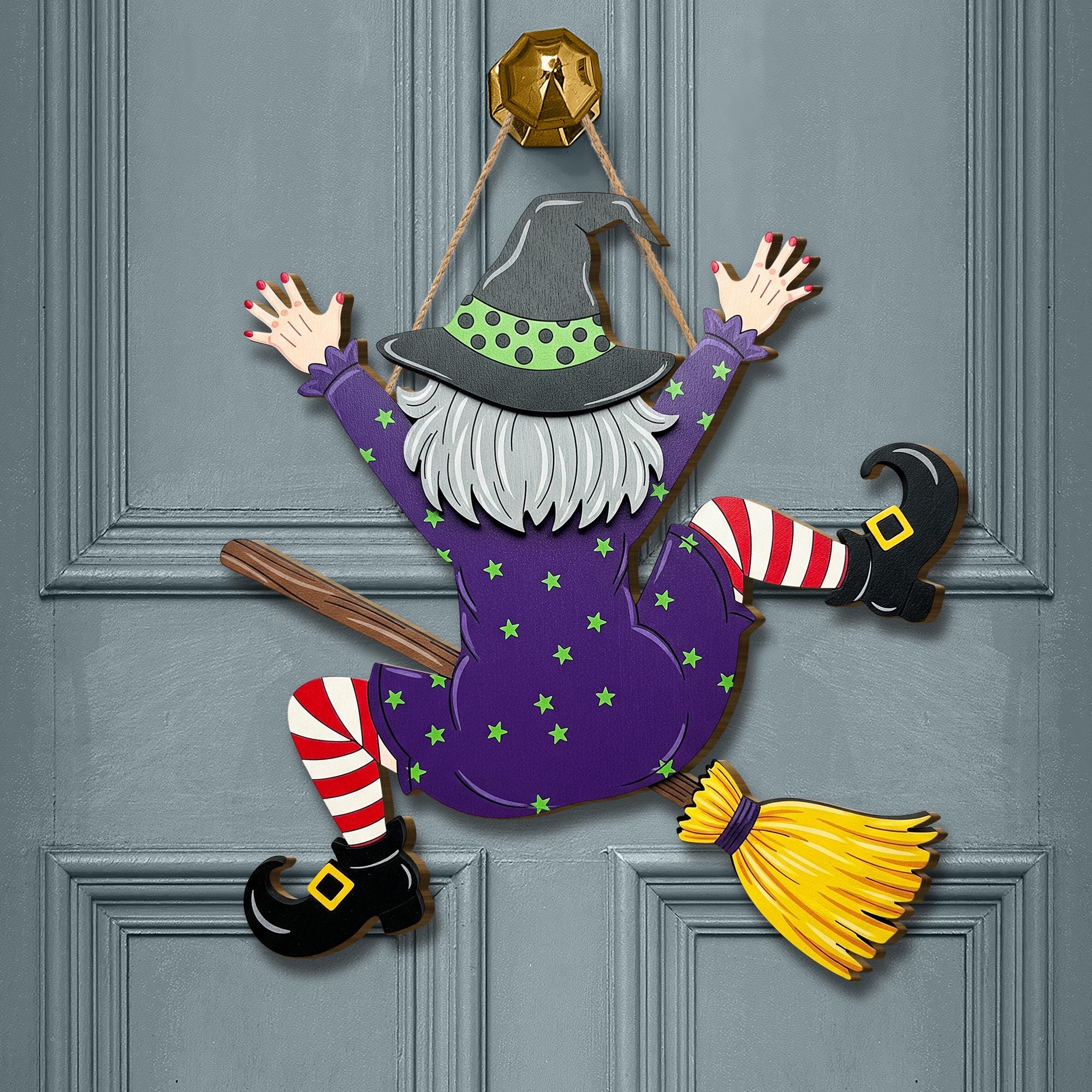 Crashing Witch Door Hanger, Funny Halloween Witch Wall Sign, Purple Flying Witch Porch Decor, Fall Broomstick Front Door Plaque