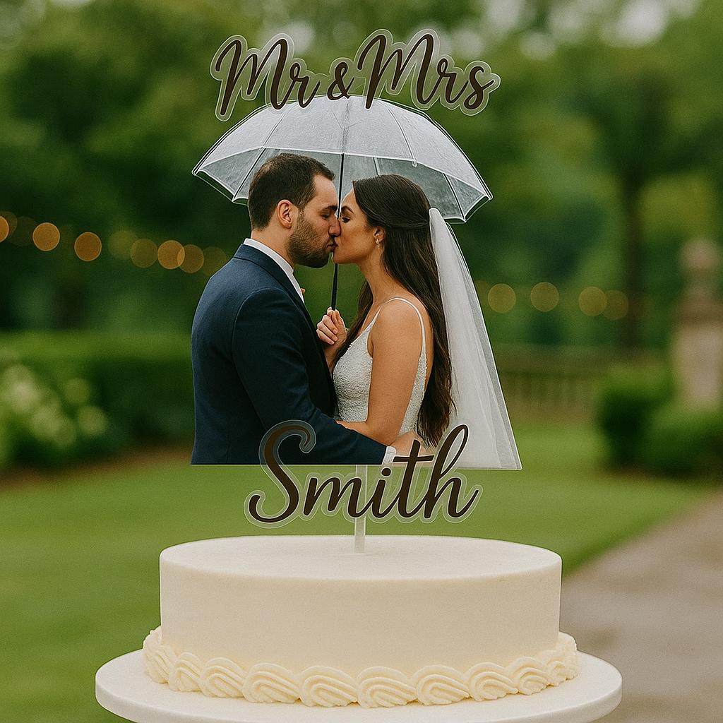 Custom Photo Wedding Cake Topper – Mr & Mrs Last Name Acrylic Topper – Personalized Couple Picture Cake Decoration – Elegant Wedding