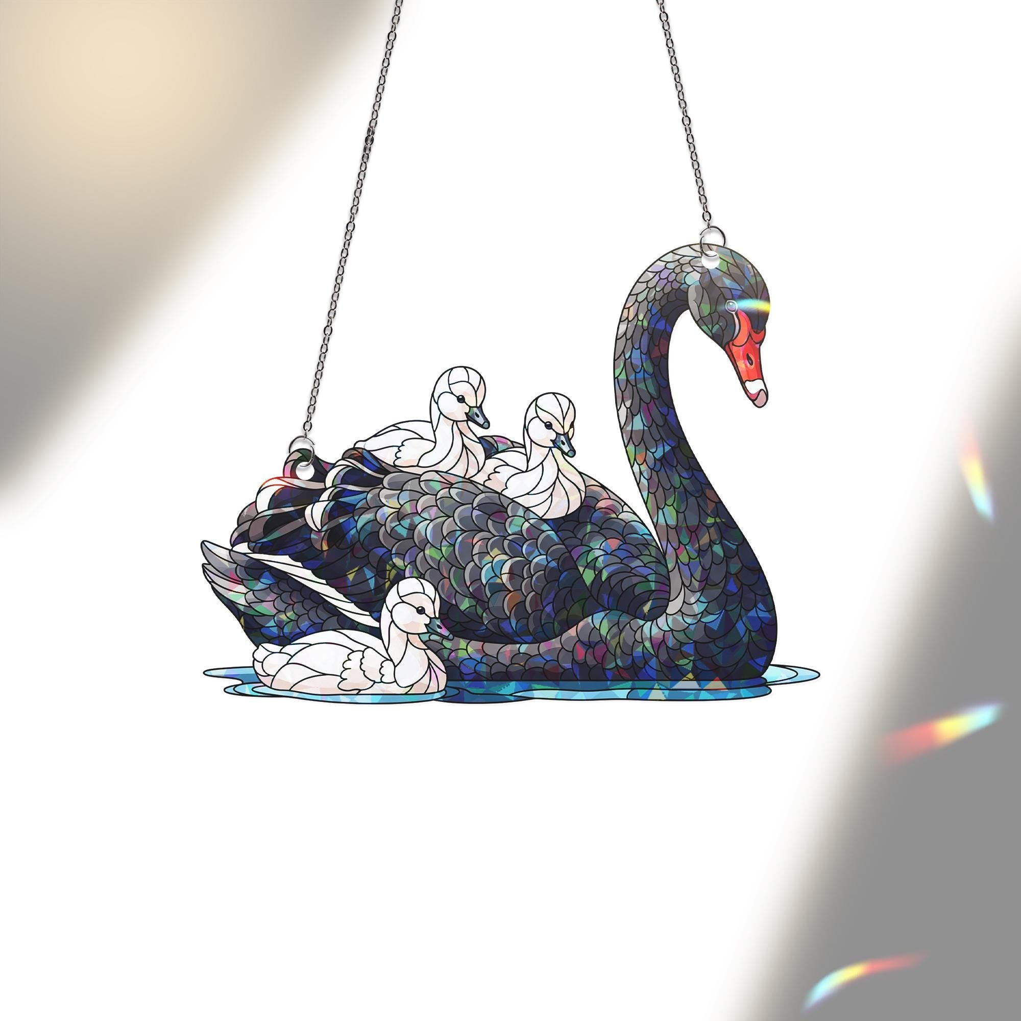 Holographic Black Swan Window Hanging – Mama Swan with Babies Suncatcher – Elegant Bird Decor Gift for Nature & Animal Lovers