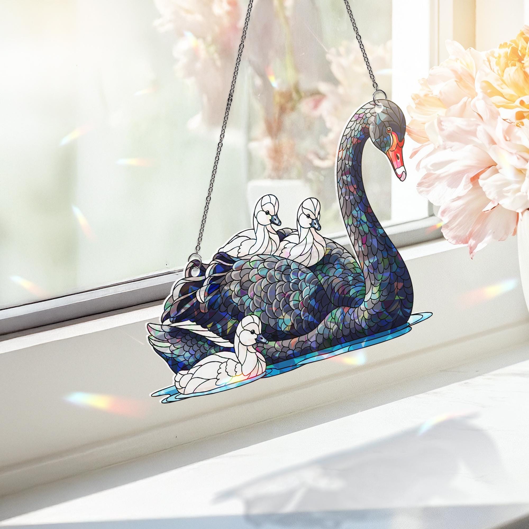 Holographic Black Swan Window Hanging – Mama Swan with Babies Suncatcher – Elegant Bird Decor Gift for Nature & Animal Lovers