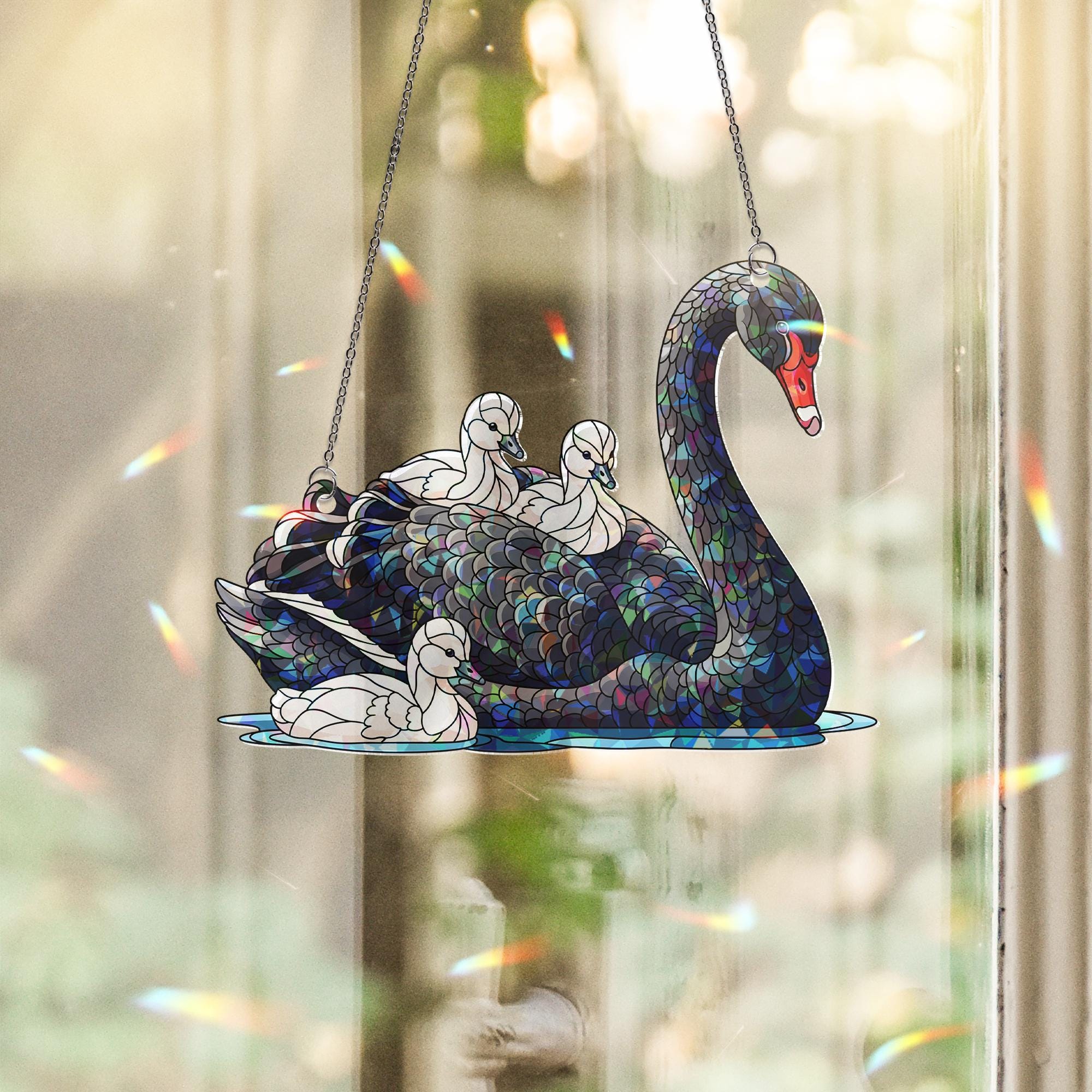 Holographic Black Swan Window Hanging – Mama Swan with Babies Suncatcher – Elegant Bird Decor Gift for Nature & Animal Lovers