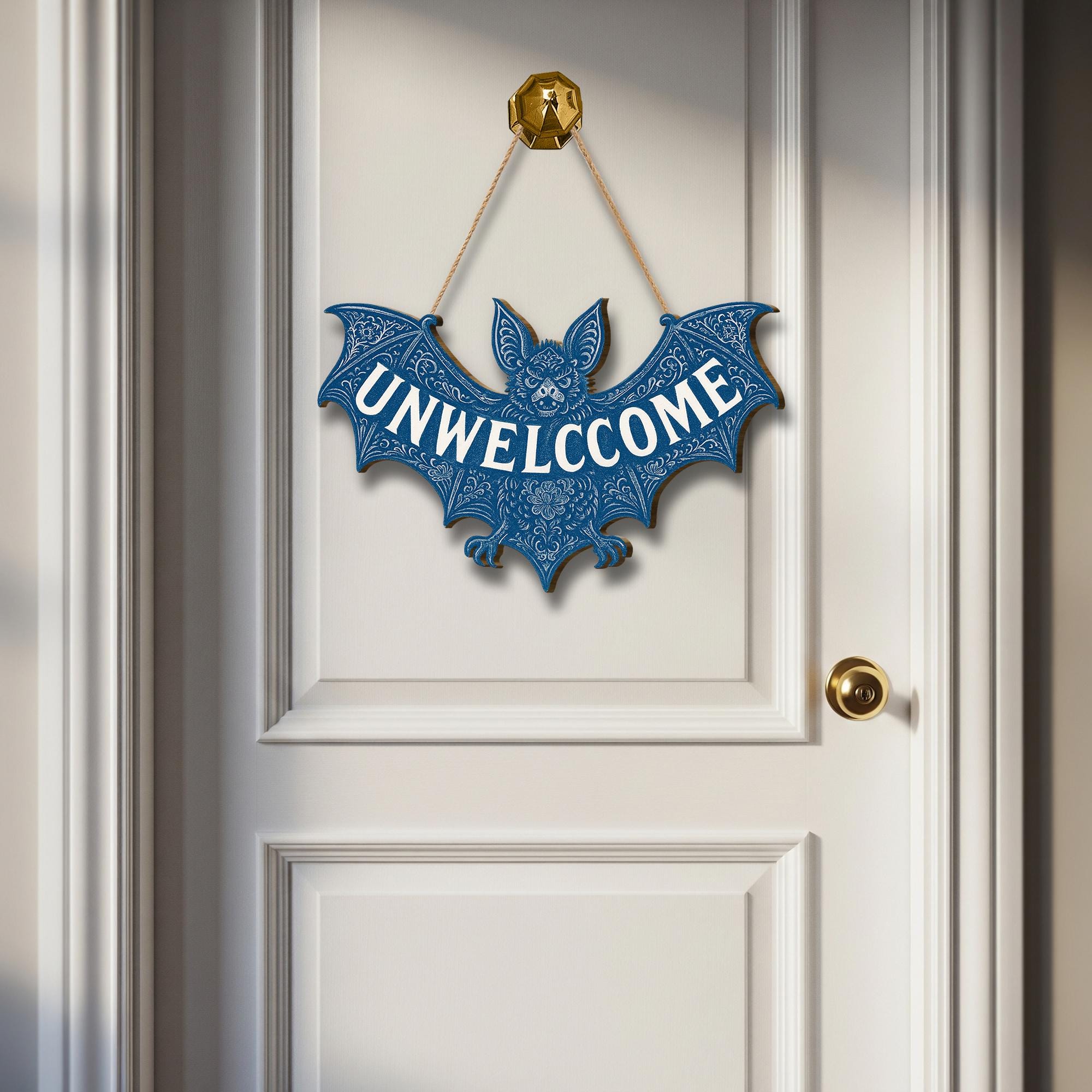 Chinoiserie Bat Unwelcome Sign | Gothic Wooden Door Hanger | Halloween Wall Decor | Spooky Cottagecore Entry Sign | Dark Vintage Home Gift