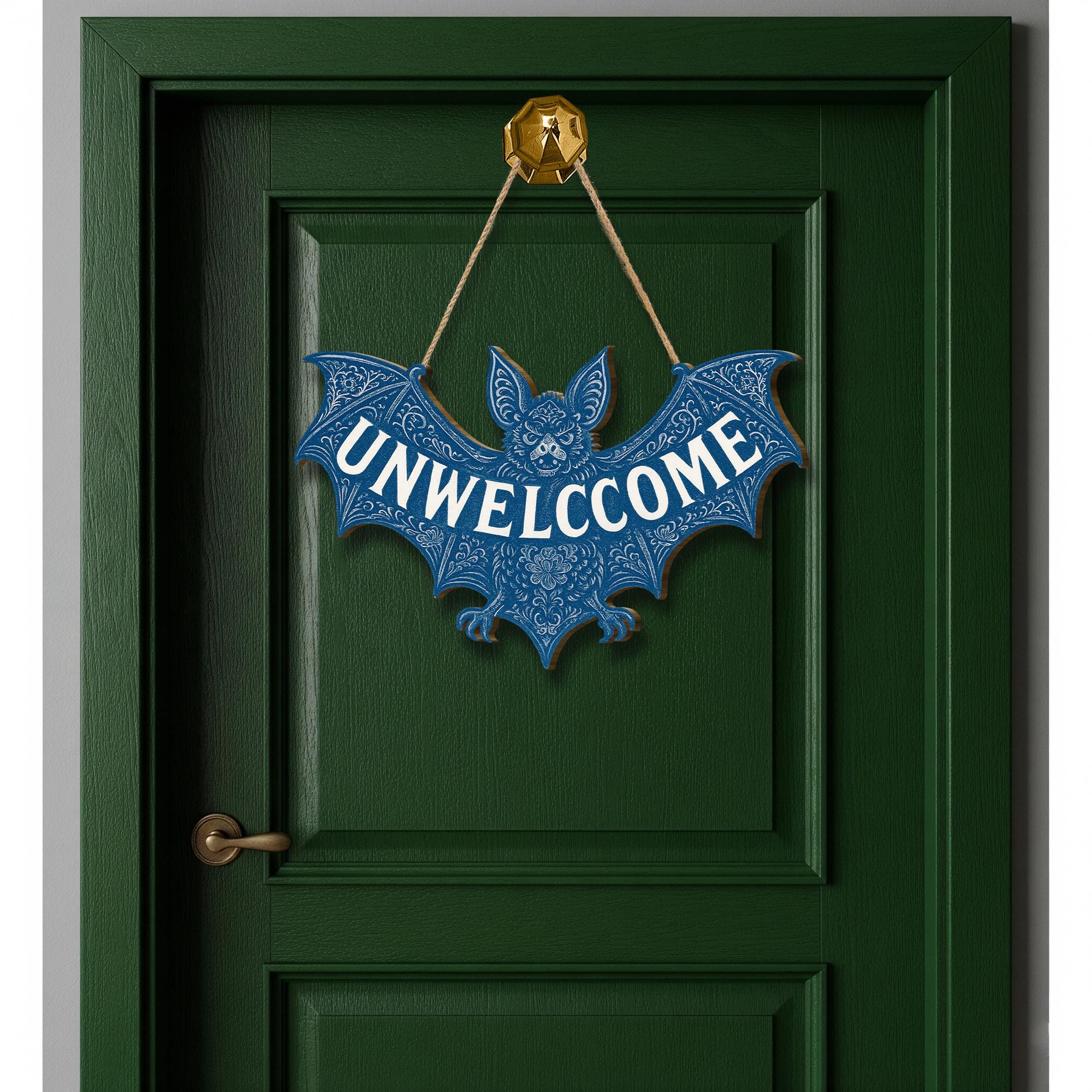 Chinoiserie Bat Unwelcome Sign | Gothic Wooden Door Hanger | Halloween Wall Decor | Spooky Cottagecore Entry Sign | Dark Vintage Home Gift