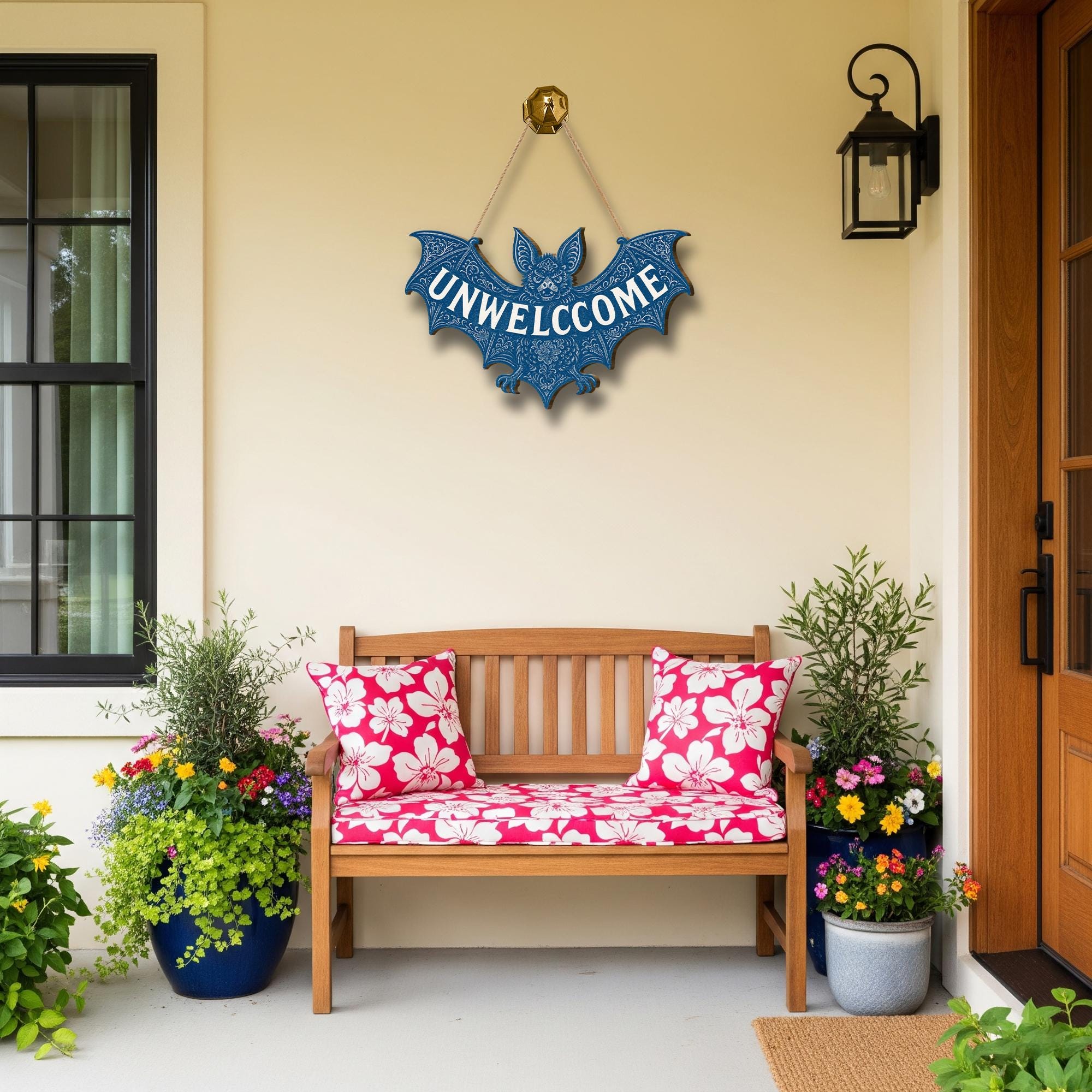 Chinoiserie Bat Unwelcome Sign | Gothic Wooden Door Hanger | Halloween Wall Decor | Spooky Cottagecore Entry Sign | Dark Vintage Home Gift