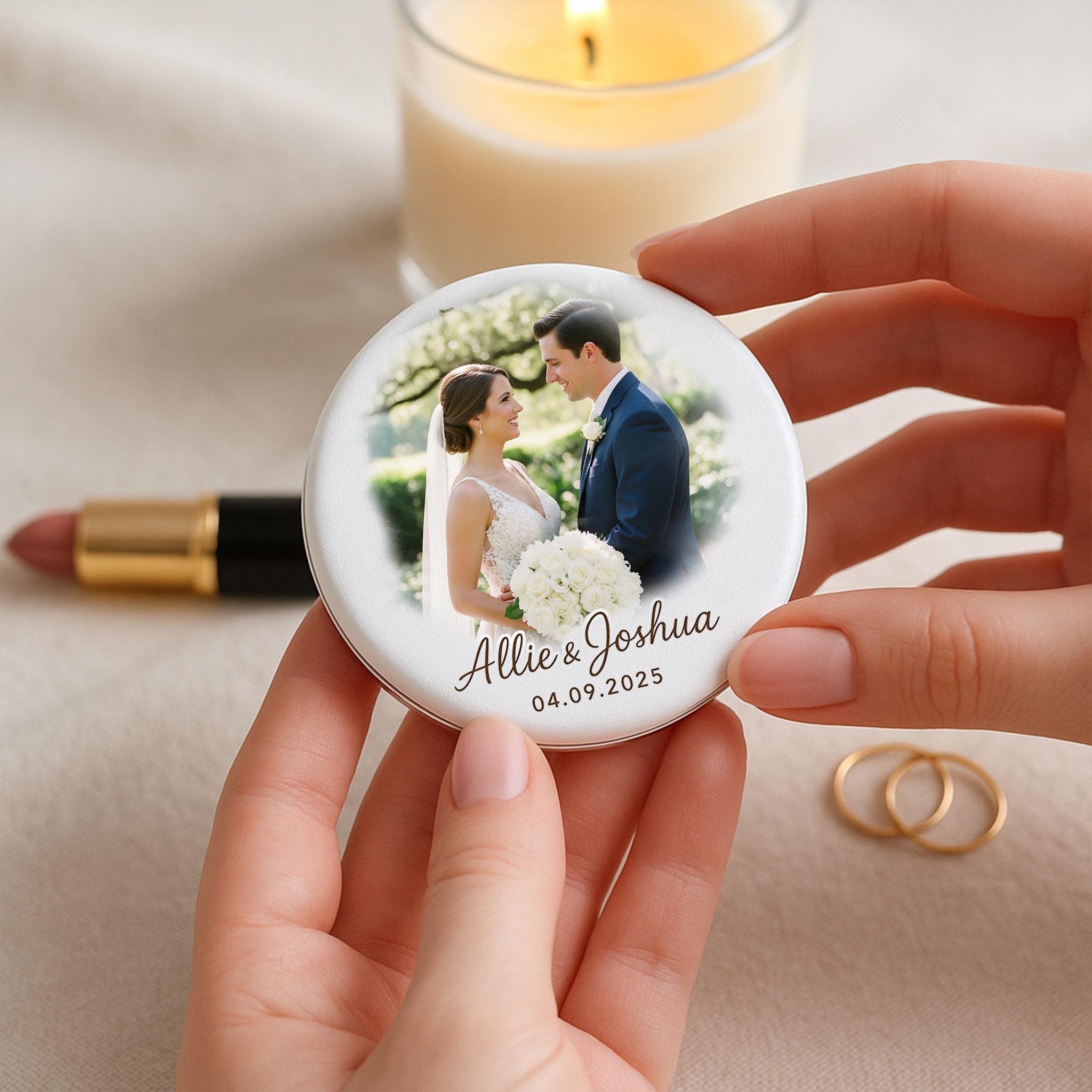 Personalized Wedding Compact Mirror with Photo & Names – Custom Bridal Shower or Anniversary Gift – Wedding Favor Keepsake