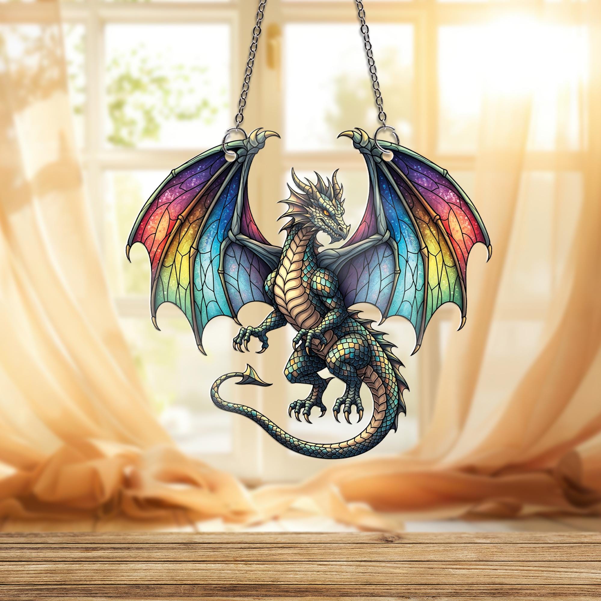 Rainbow Dragon Window Hanging – Fantasy Faux Glass Suncatcher – Gothic Colorful Dragon Decor for Mythical Creature Lovers