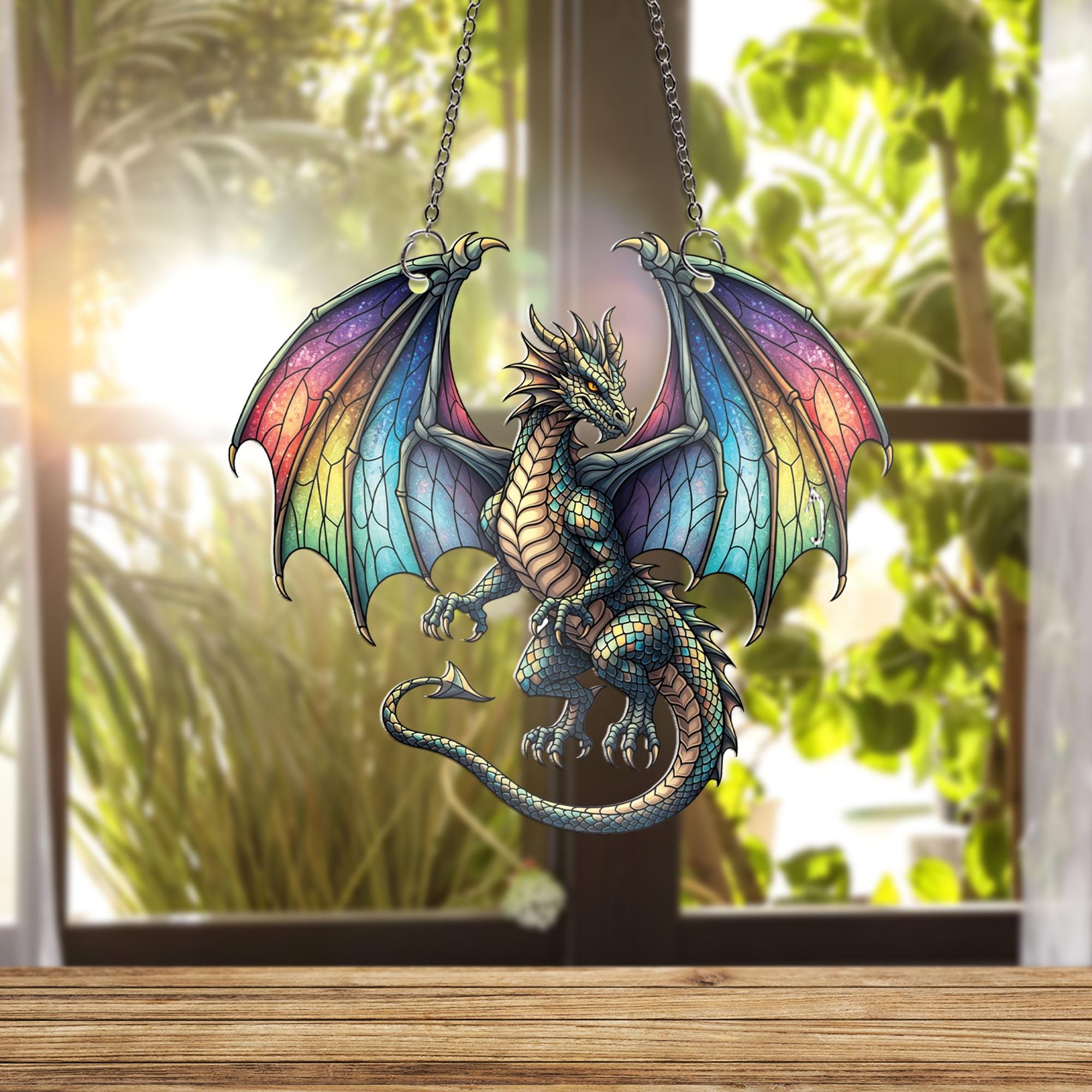 Rainbow Dragon Window Hanging – Fantasy Faux Glass Suncatcher – Gothic Colorful Dragon Decor for Mythical Creature Lovers