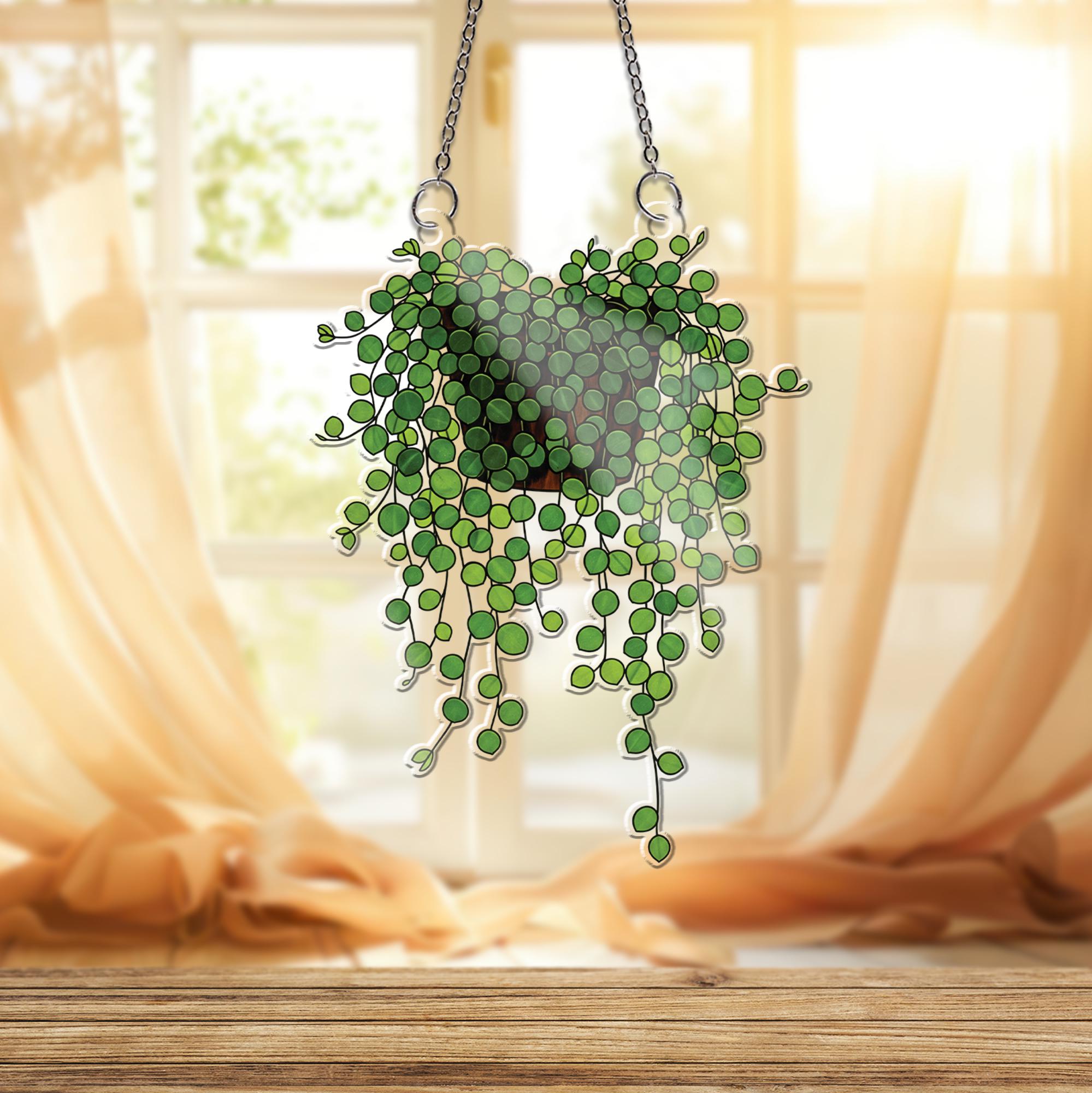 String of Nickels Plant Suncatcher – Faux Stained Glass Window Hanging, Greenery Decor, Boho Botanical Sunlight Catcher