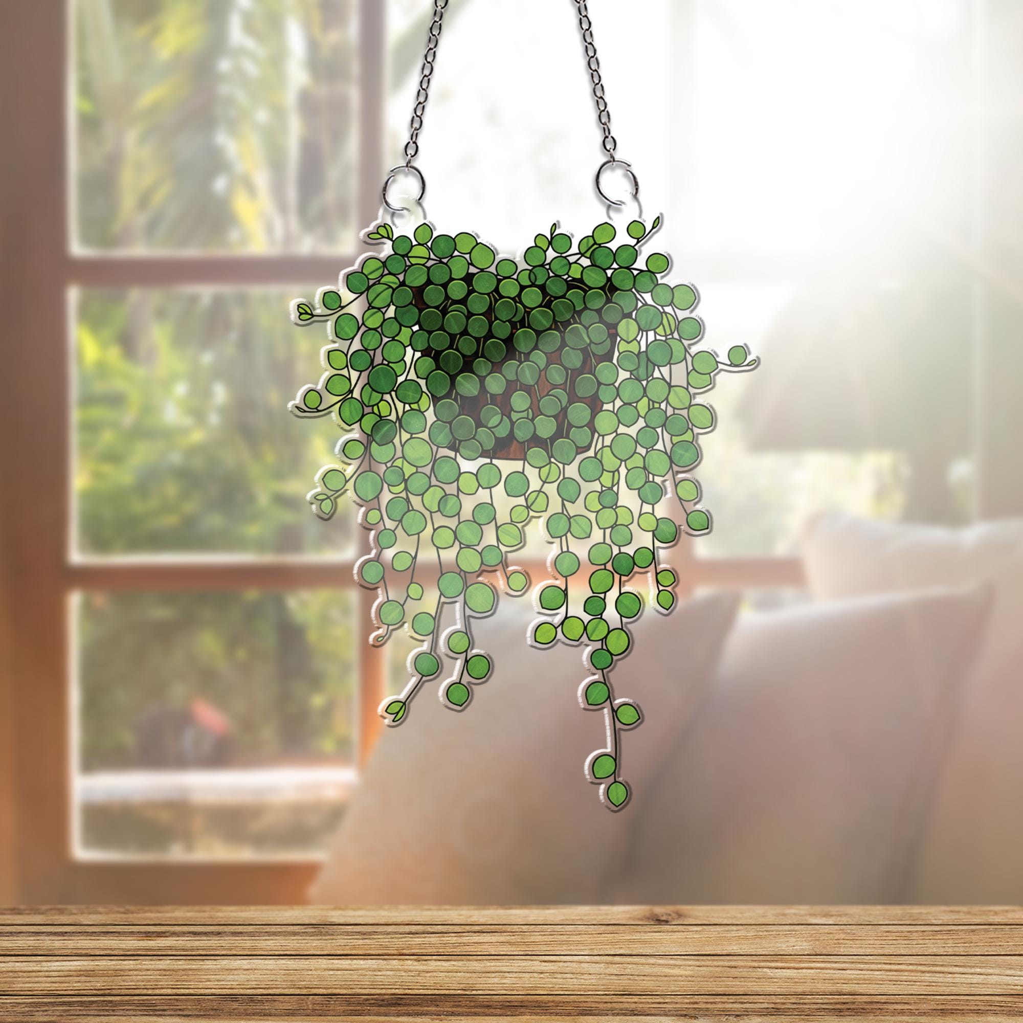 String of Nickels Plant Suncatcher – Faux Stained Glass Window Hanging, Greenery Decor, Boho Botanical Sunlight Catcher