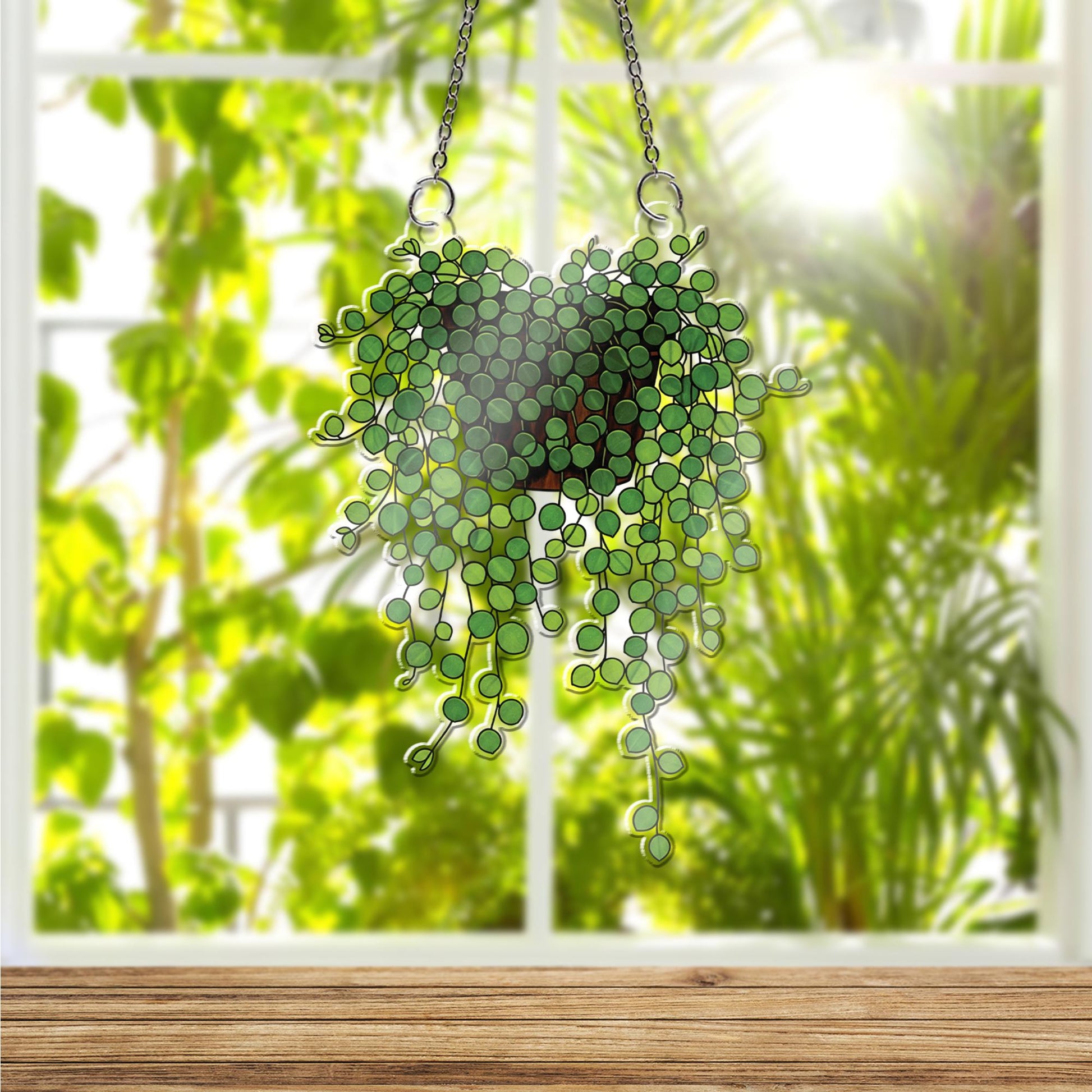 String of Nickels Plant Suncatcher – Faux Stained Glass Window Hanging, Greenery Decor, Boho Botanical Sunlight Catcher