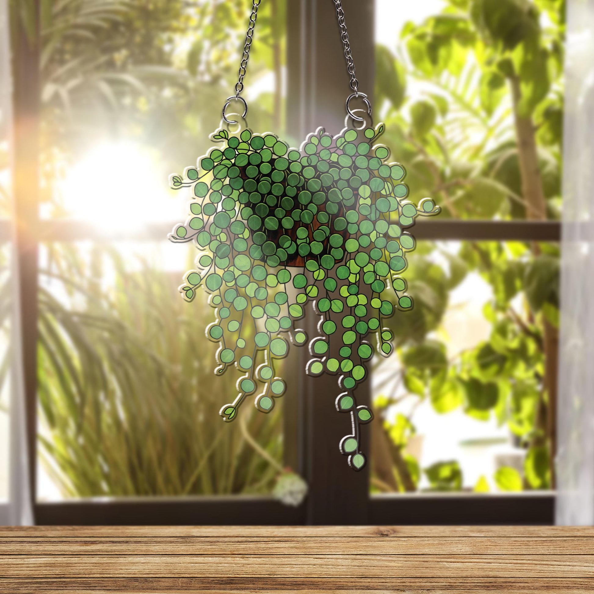 String of Nickels Plant Suncatcher – Faux Stained Glass Window Hanging, Greenery Decor, Boho Botanical Sunlight Catcher