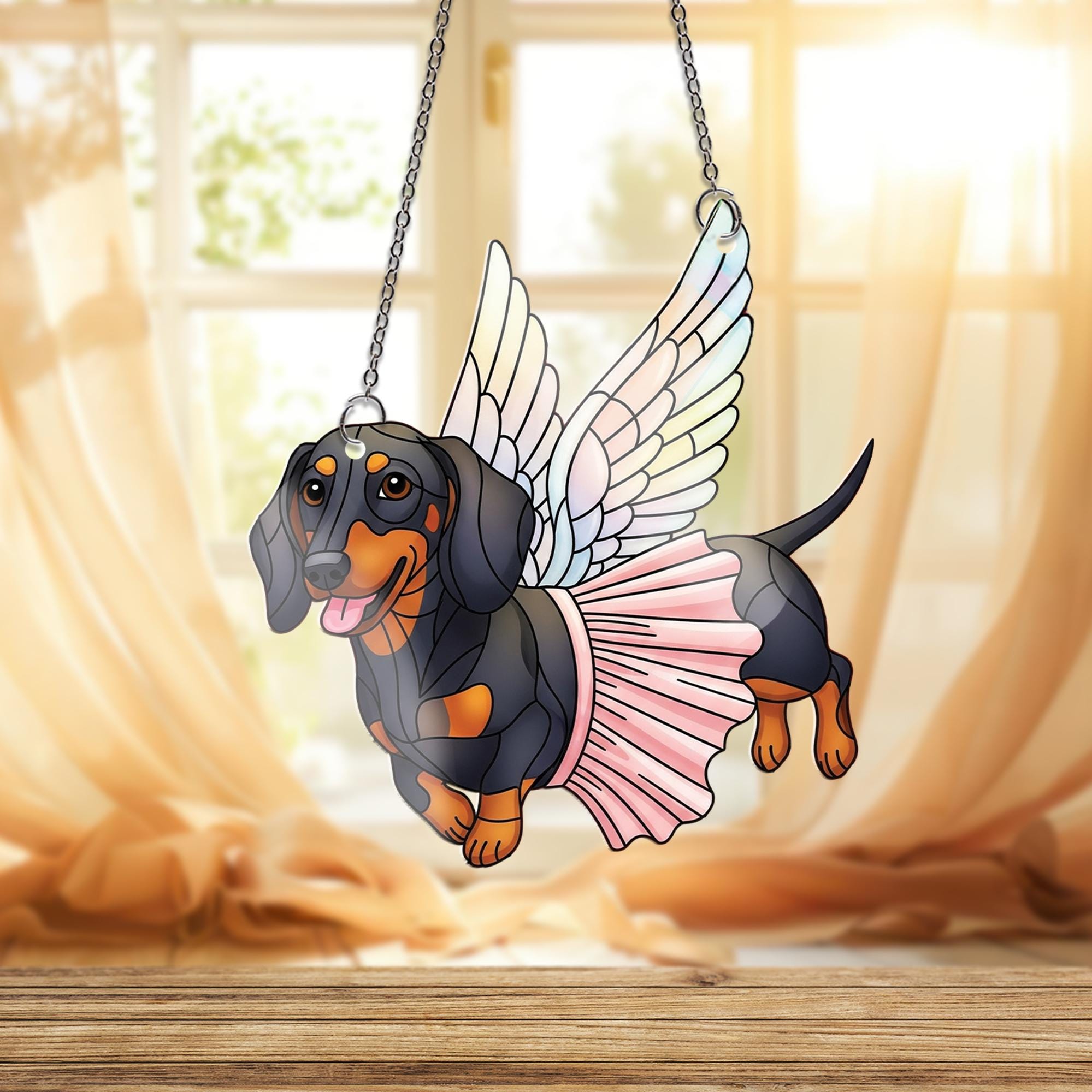 Dachshund Fairy Dog Suncatcher – Faux Stained Glass Window Hanging, Flying Wiener Dog Decor, Angel Pup Gift, Pet Memorial Art