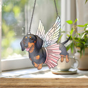Dachshund Fairy Dog Suncatcher – Faux Stained Glass Window Hanging, Flying Wiener Dog Decor, Angel Pup Gift, Pet Memorial Art