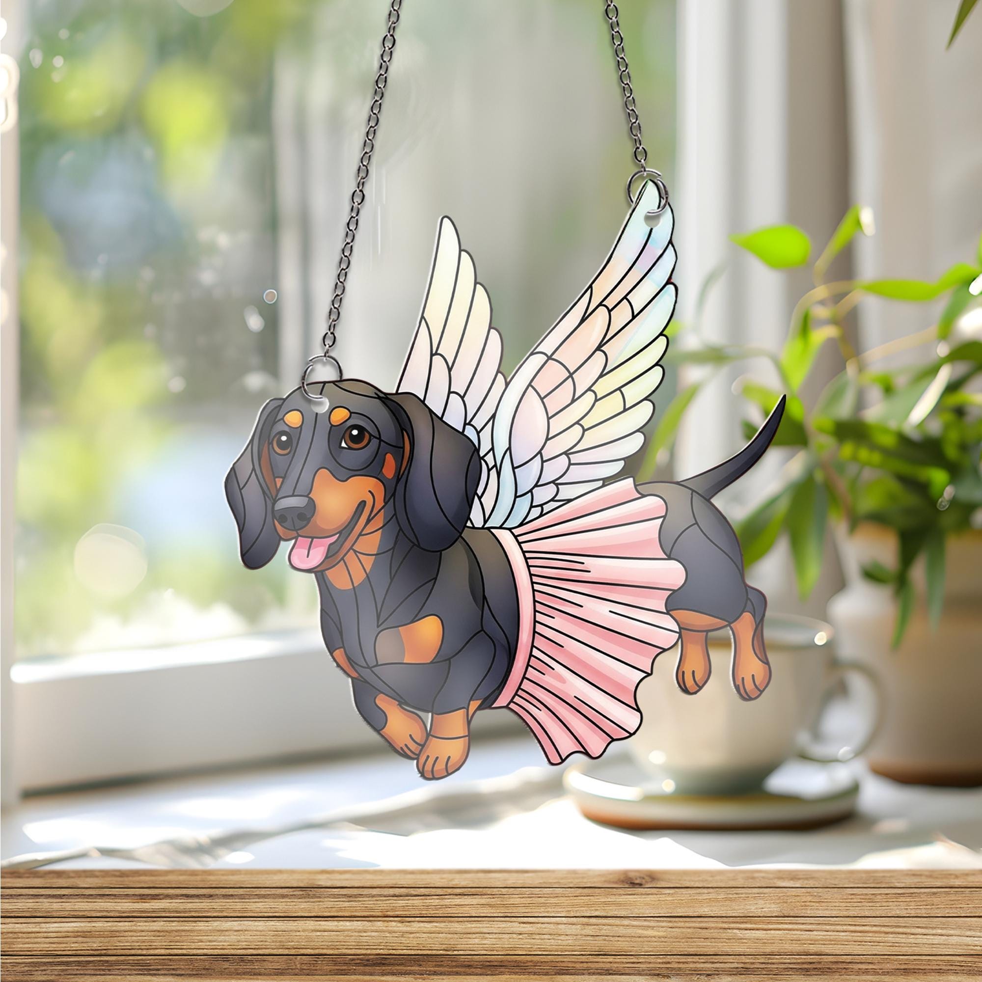 Dachshund Fairy Dog Suncatcher – Faux Stained Glass Window Hanging, Flying Wiener Dog Decor, Angel Pup Gift, Pet Memorial Art