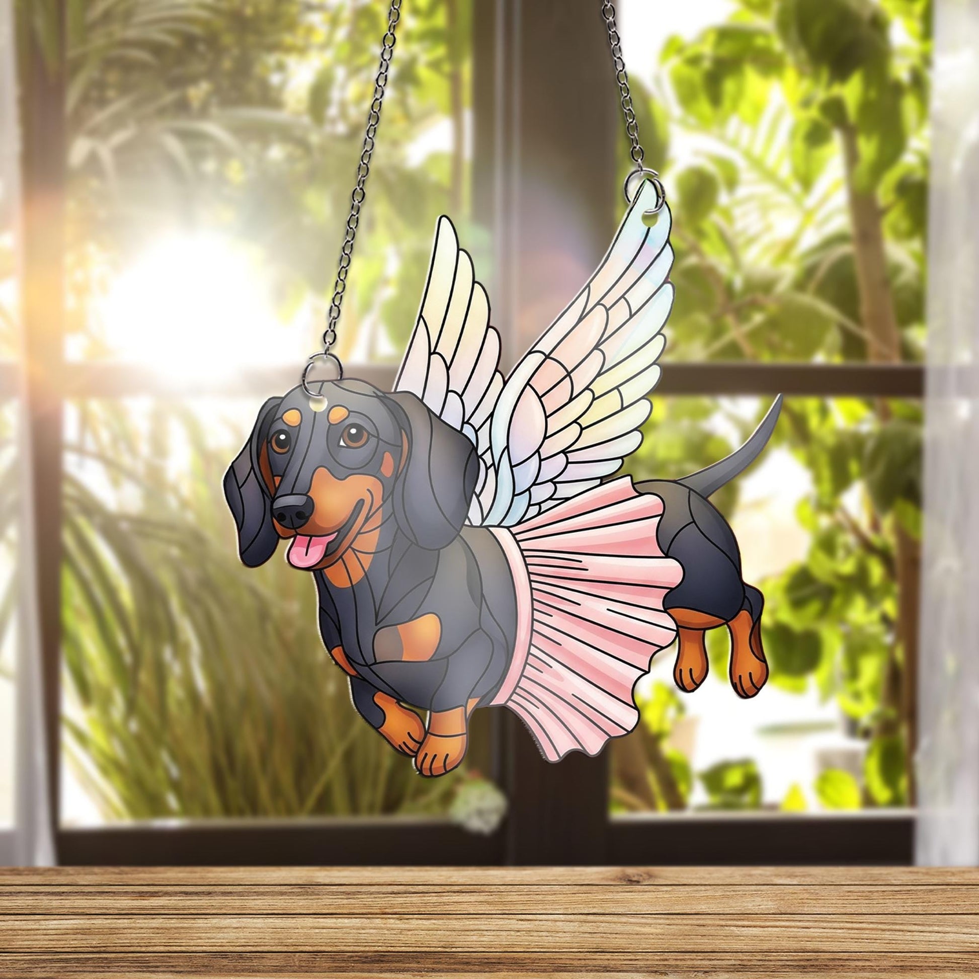 Dachshund Fairy Dog Suncatcher – Faux Stained Glass Window Hanging, Flying Wiener Dog Decor, Angel Pup Gift, Pet Memorial Art