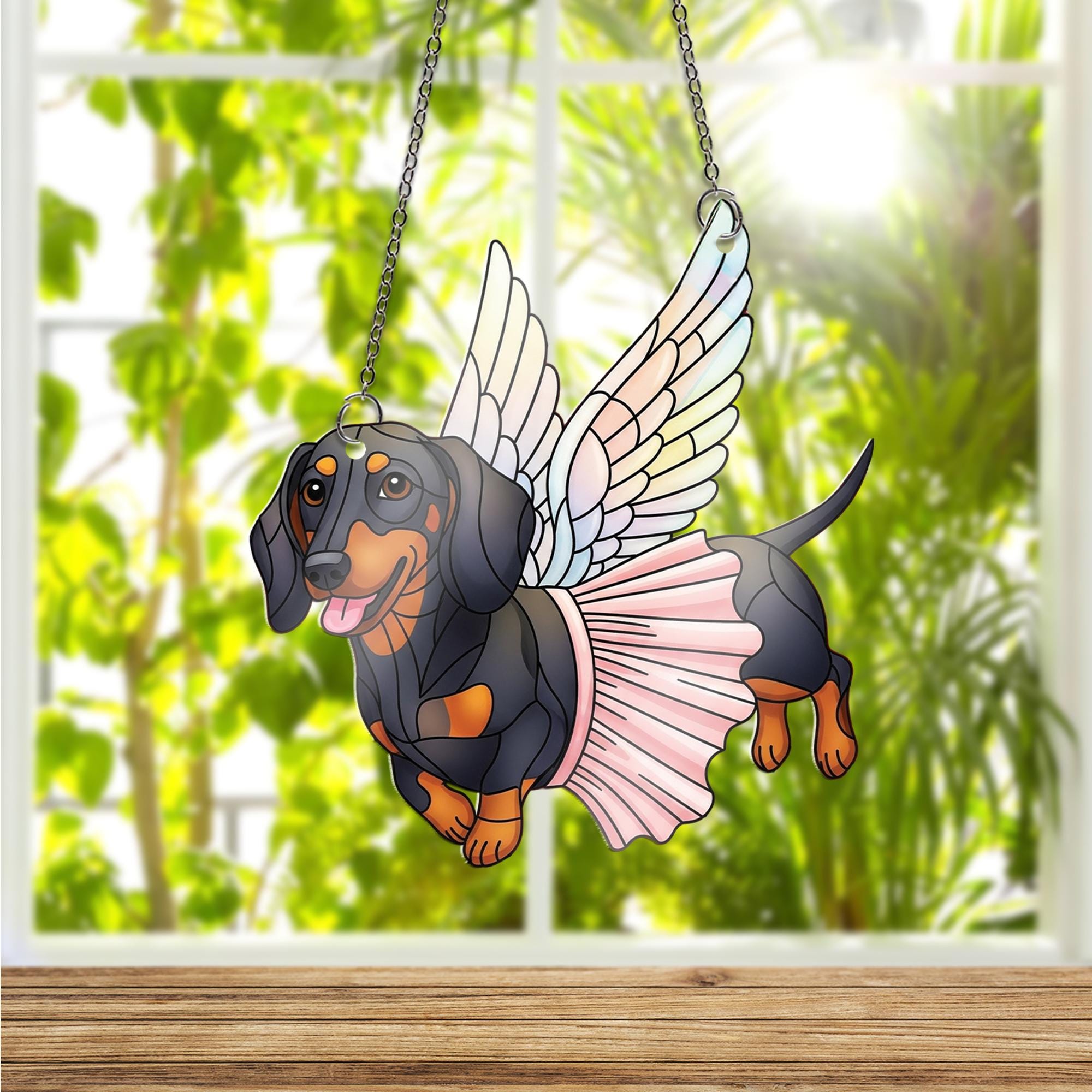 Dachshund Fairy Dog Suncatcher – Faux Stained Glass Window Hanging, Flying Wiener Dog Decor, Angel Pup Gift, Pet Memorial Art