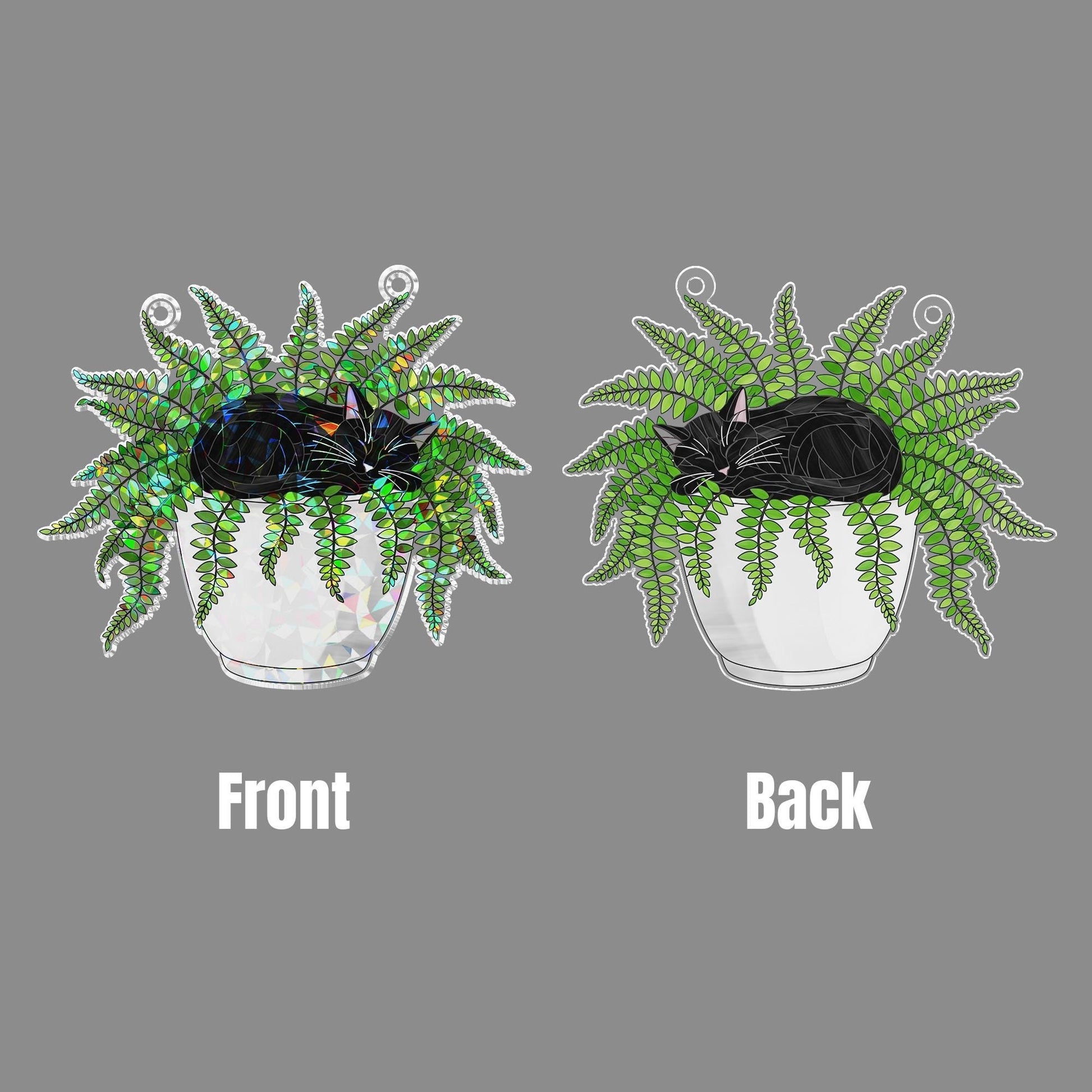 Cat in Fern Pot Suncatcher, Acrylic Holographic Window Decor, Hanging Plant Cat Art, Boho Window Decor, Gift for Cat Lovers, Fern Decor