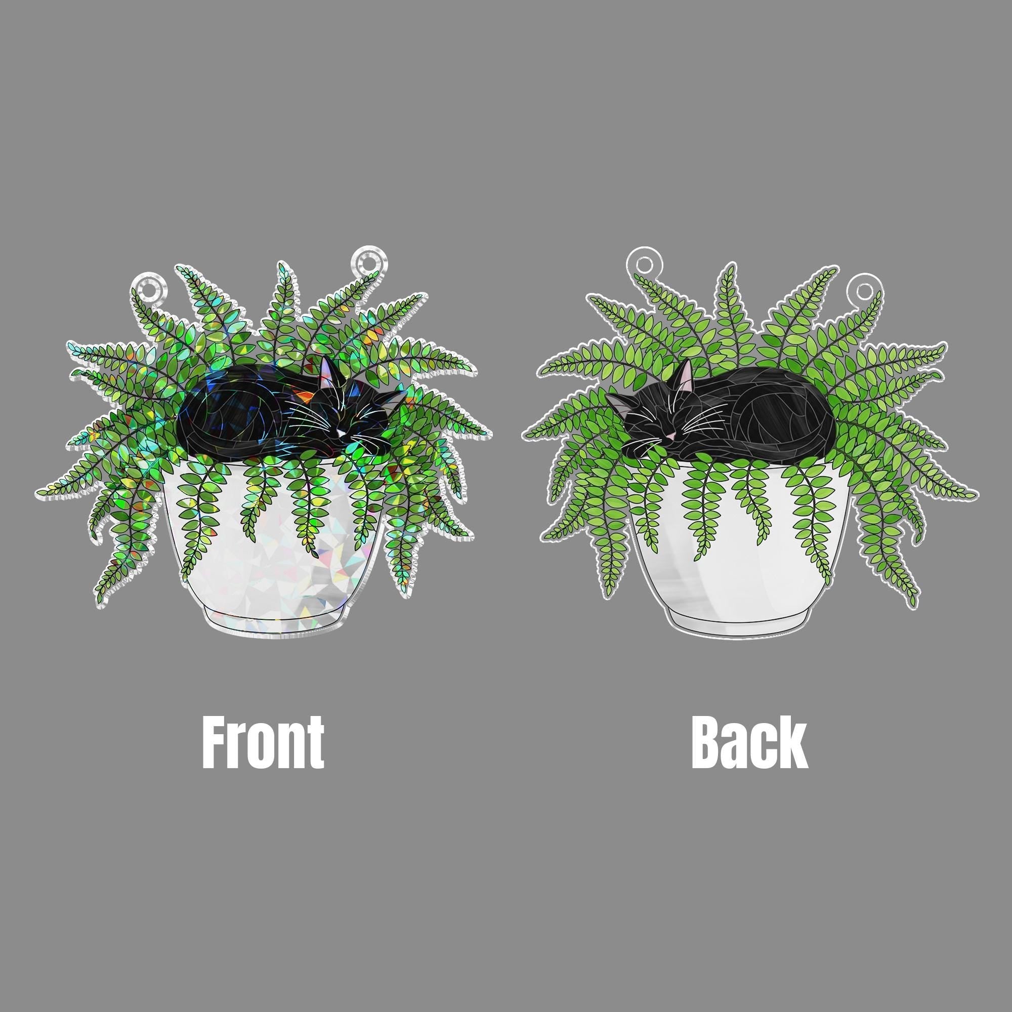 Cat in Fern Pot Suncatcher, Acrylic Holographic Window Decor, Hanging Plant Cat Art, Boho Window Decor, Gift for Cat Lovers, Fern Decor