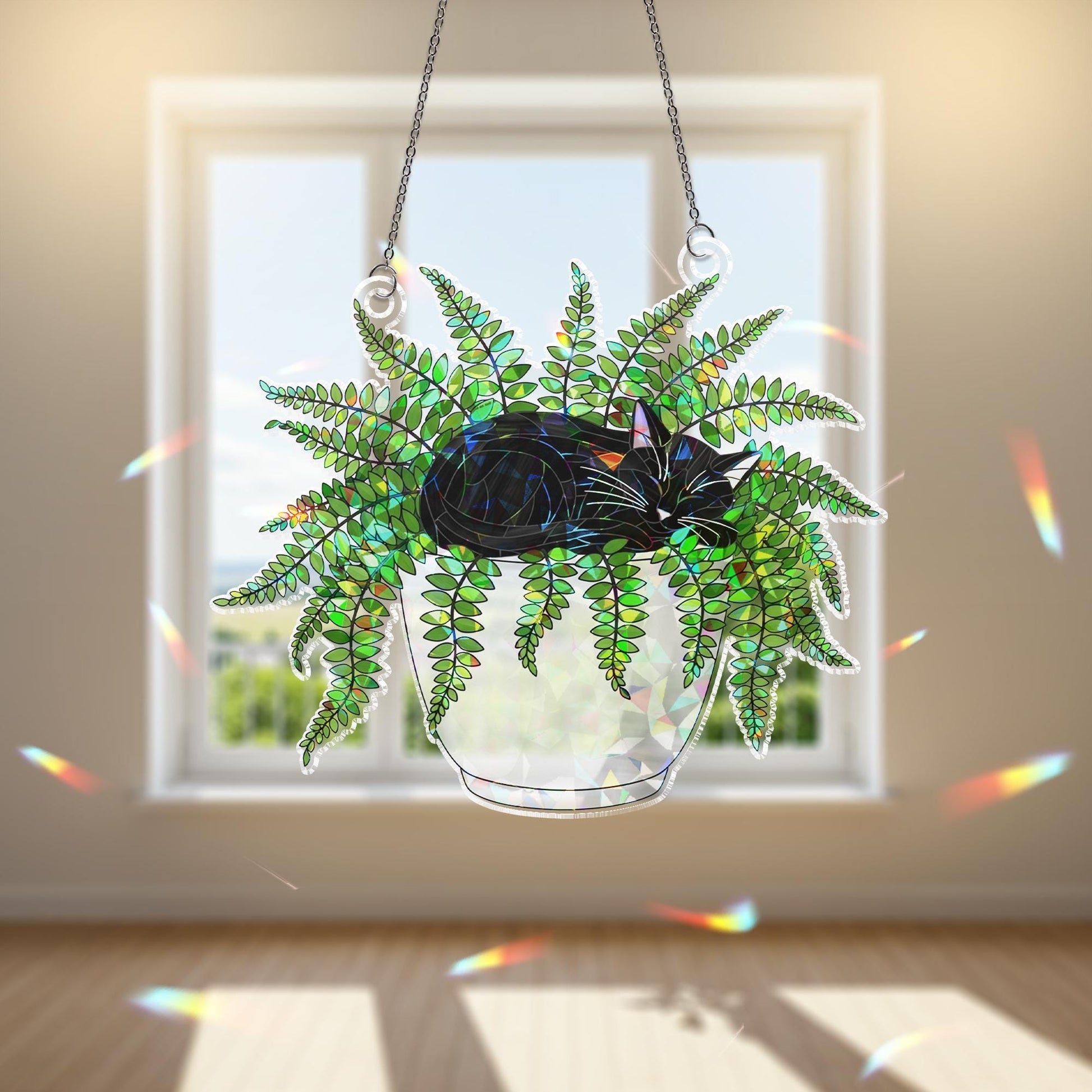 Cat in Fern Pot Suncatcher, Acrylic Holographic Window Decor, Hanging Plant Cat Art, Boho Window Decor, Gift for Cat Lovers, Fern Decor