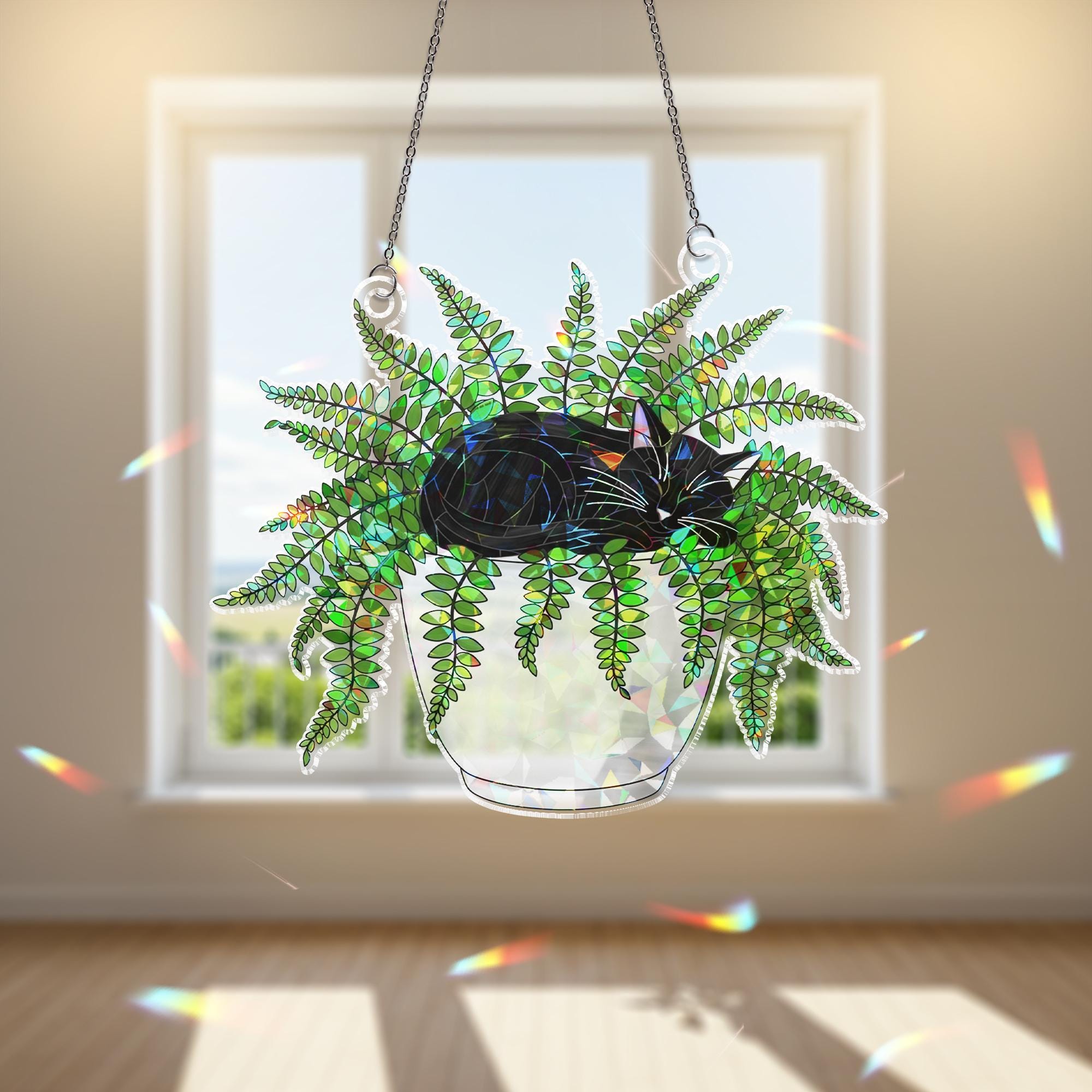 Cat in Fern Pot Suncatcher, Acrylic Holographic Window Decor, Hanging Plant Cat Art, Boho Window Decor, Gift for Cat Lovers, Fern Decor