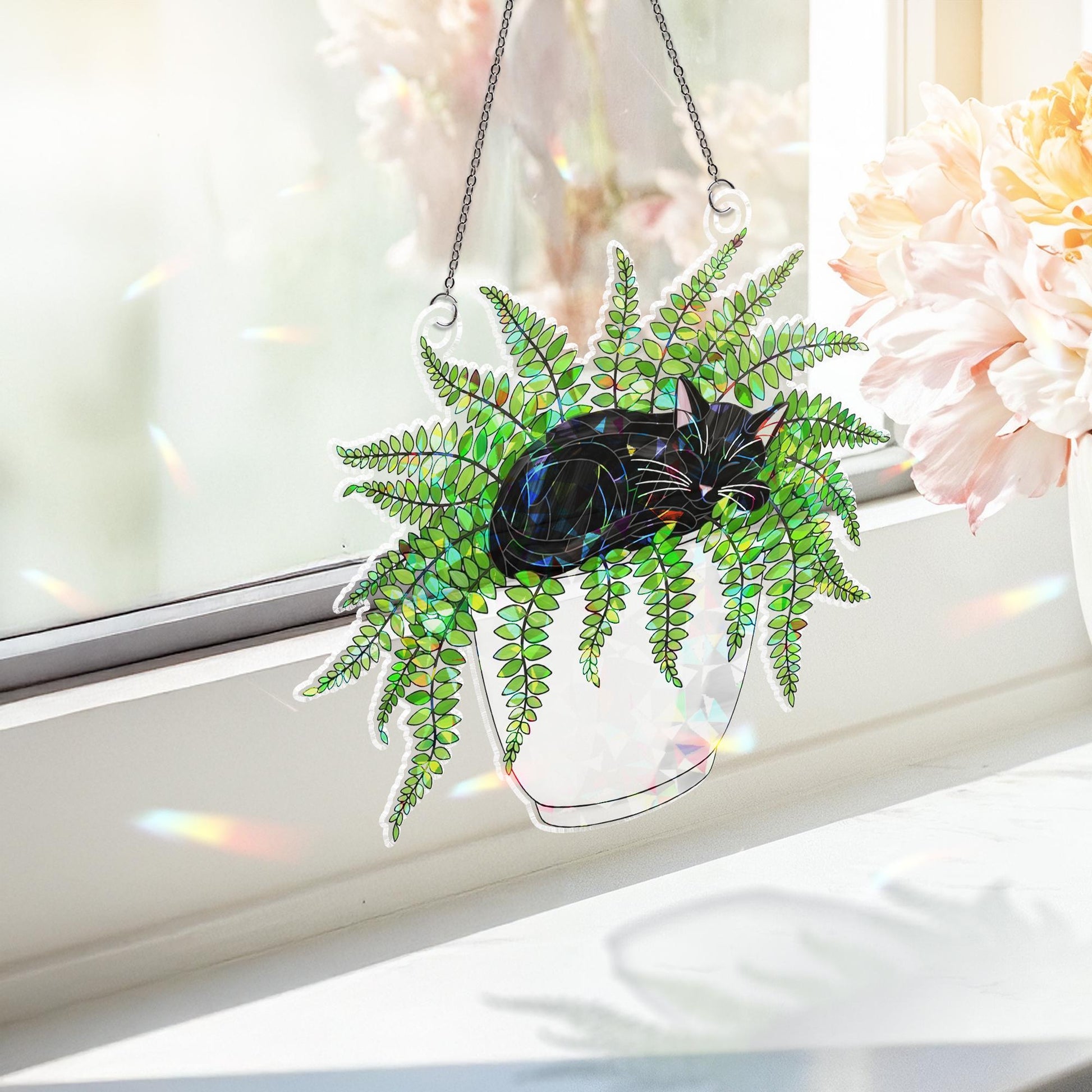 Cat in Fern Pot Suncatcher, Acrylic Holographic Window Decor, Hanging Plant Cat Art, Boho Window Decor, Gift for Cat Lovers, Fern Decor