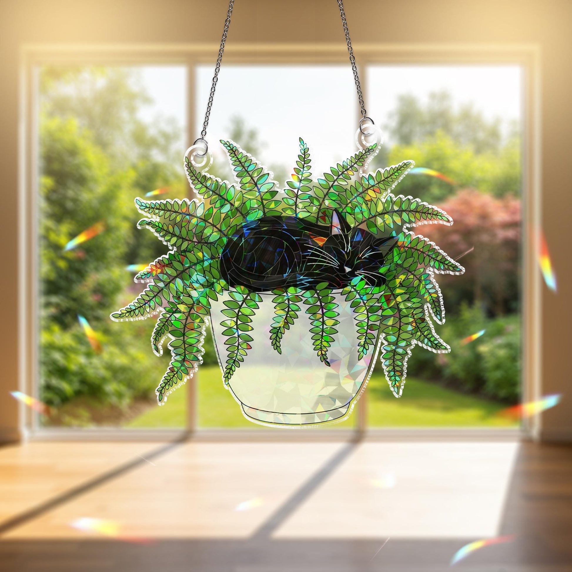 Cat in Fern Pot Suncatcher, Acrylic Holographic Window Decor, Hanging Plant Cat Art, Boho Window Decor, Gift for Cat Lovers, Fern Decor
