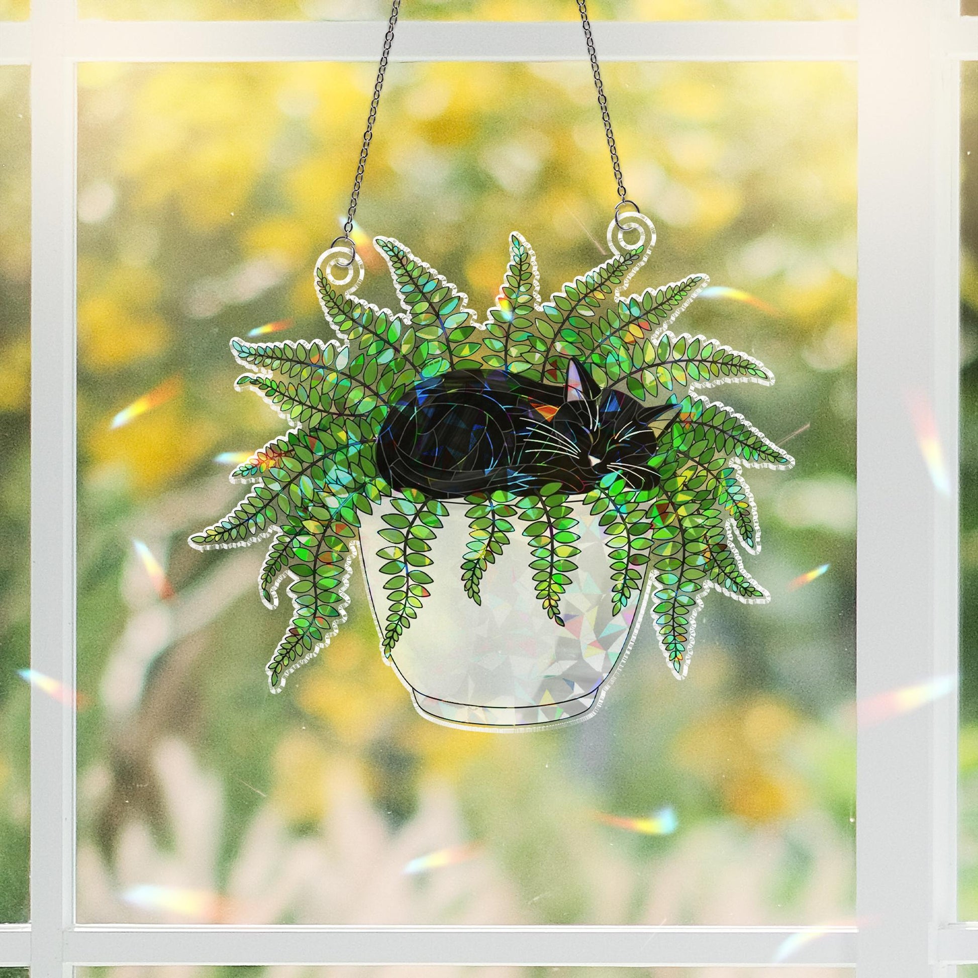 Cat in Fern Pot Suncatcher, Acrylic Holographic Window Decor, Hanging Plant Cat Art, Boho Window Decor, Gift for Cat Lovers, Fern Decor