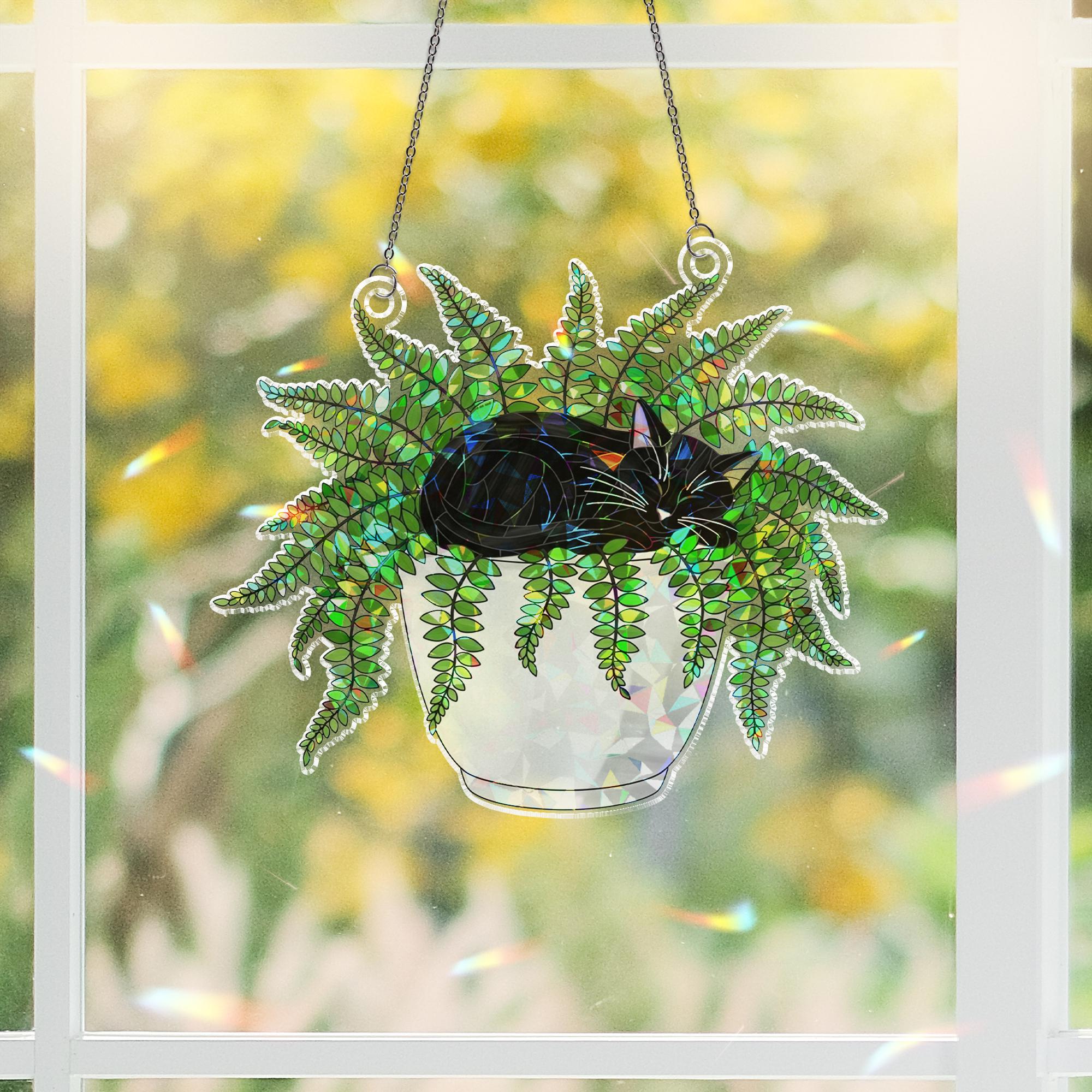 Cat in Fern Pot Suncatcher, Acrylic Holographic Window Decor, Hanging Plant Cat Art, Boho Window Decor, Gift for Cat Lovers, Fern Decor