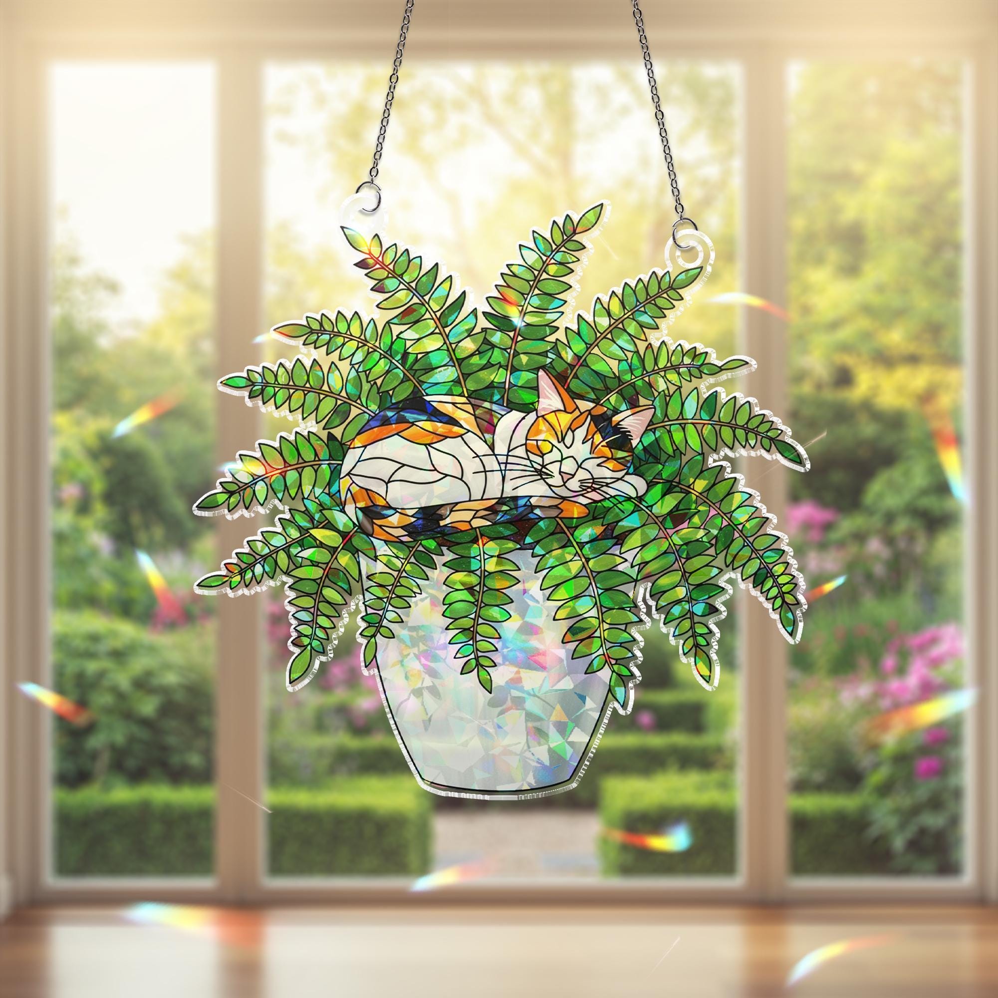 Calico Cat Plant Suncatcher, Holographic Acrylic Window Decor, Cat in Fern Pot, Rainbow Light Catcher, Gift for Cat and Plant Lovers