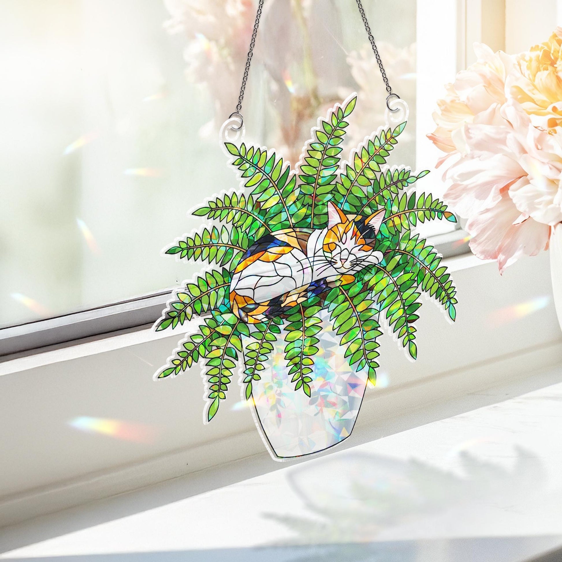 Calico Cat Plant Suncatcher, Holographic Acrylic Window Decor, Cat in Fern Pot, Rainbow Light Catcher, Gift for Cat and Plant Lovers