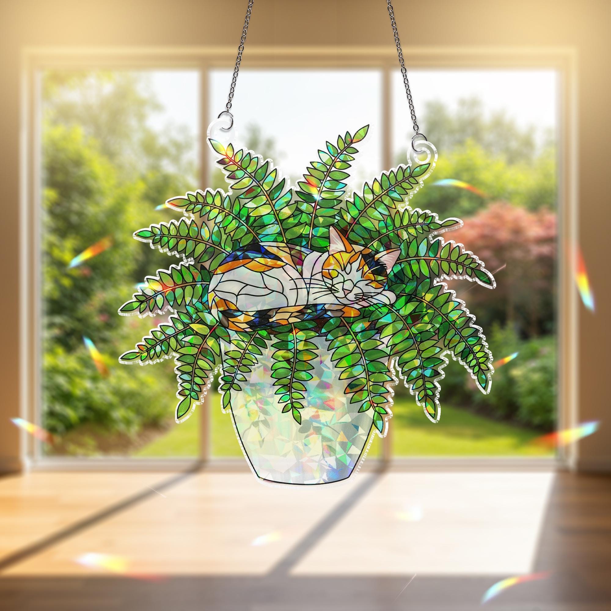 Calico Cat Plant Suncatcher, Holographic Acrylic Window Decor, Cat in Fern Pot, Rainbow Light Catcher, Gift for Cat and Plant Lovers