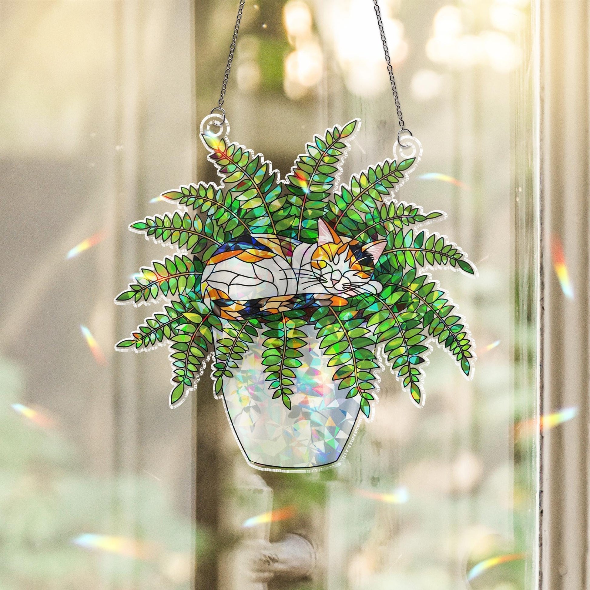 Calico Cat Plant Suncatcher, Holographic Acrylic Window Decor, Cat in Fern Pot, Rainbow Light Catcher, Gift for Cat and Plant Lovers