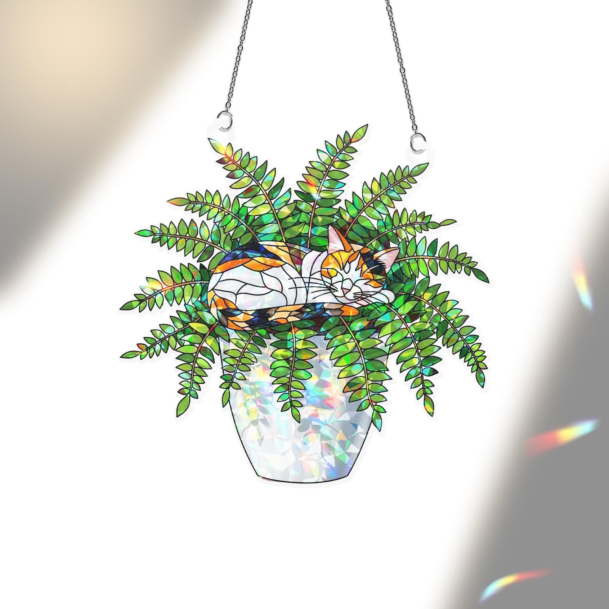 Calico Cat Plant Suncatcher, Holographic Acrylic Window Decor, Cat in Fern Pot, Rainbow Light Catcher, Gift for Cat and Plant Lovers