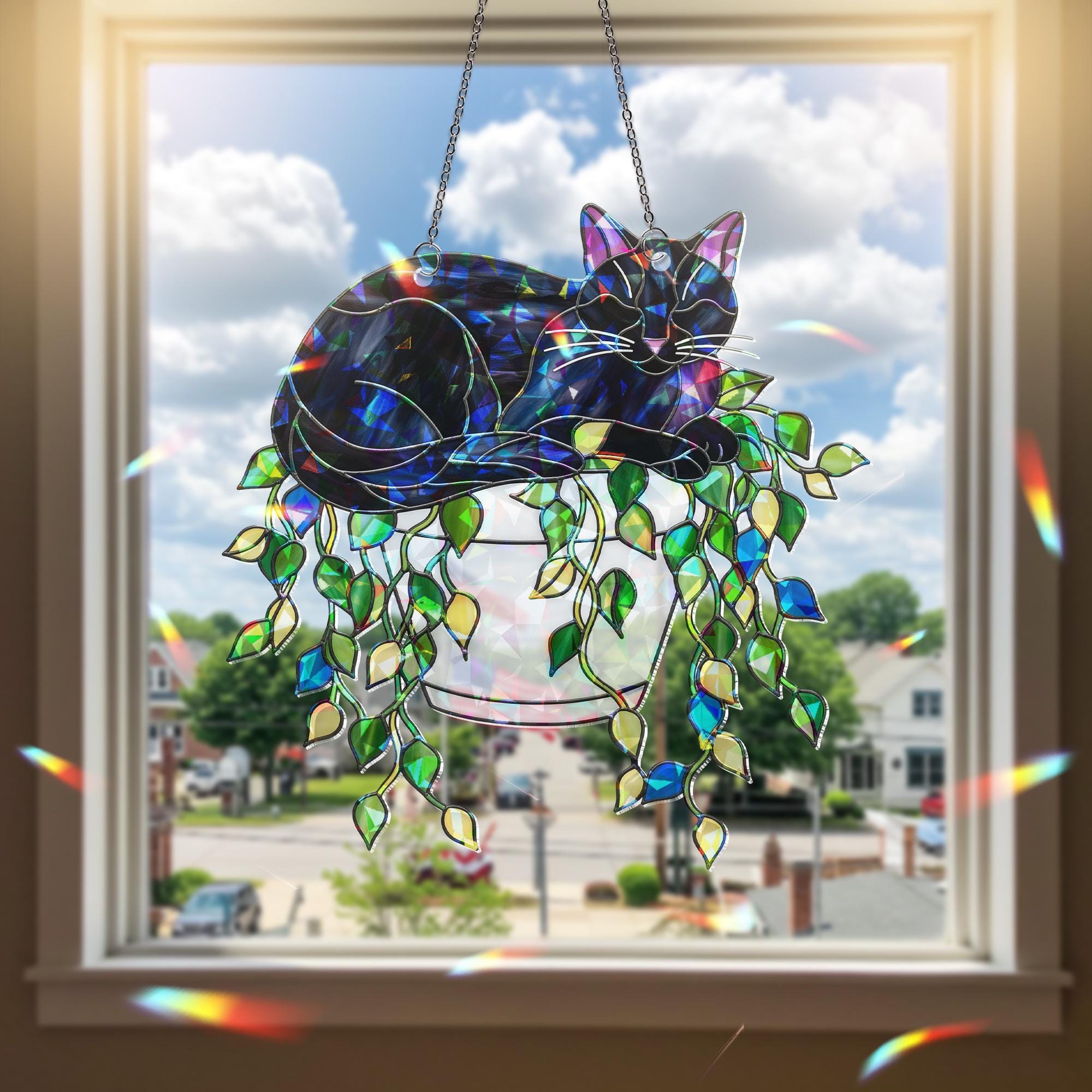 Holographic Cat Suncatcher | Acrylic Window Hanging Plant Decor | Sunlight Catcher for Cat Lovers | Whimsical Kitty Prism Window Art Gift