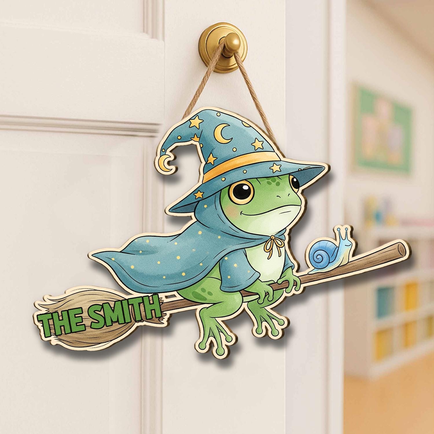 Custom Witch Frog Door Sign, Personalized Halloween Door Hanger, Cute Wizard Frog Decor, Broomstick Frog Sign, Fall Porch Decor