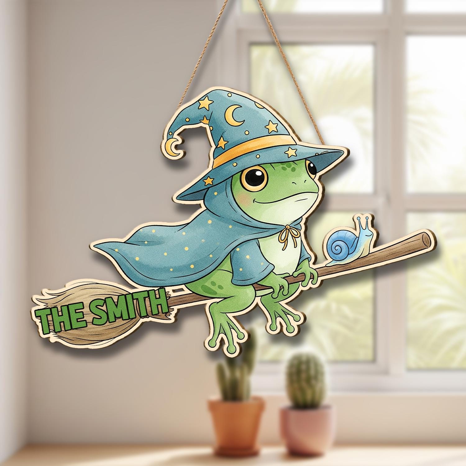 Custom Witch Frog Door Sign, Personalized Halloween Door Hanger, Cute Wizard Frog Decor, Broomstick Frog Sign, Fall Porch Decor