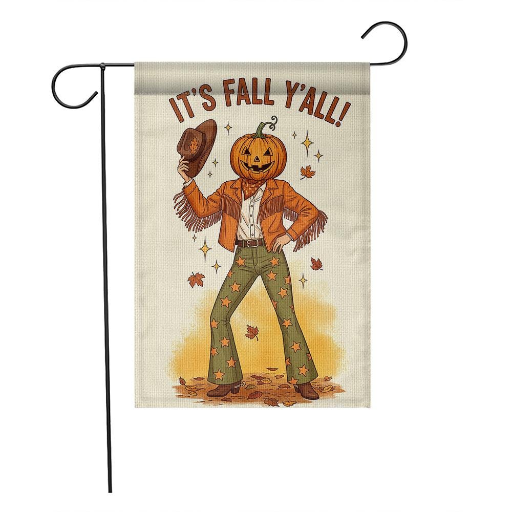 It's Fall Y'all Garden Flag, Pumpkin Head Cowboy Decor, Western Fall Yard Flag, Retro Autumn Porch Sign, Funny Fall Outdoor Decor